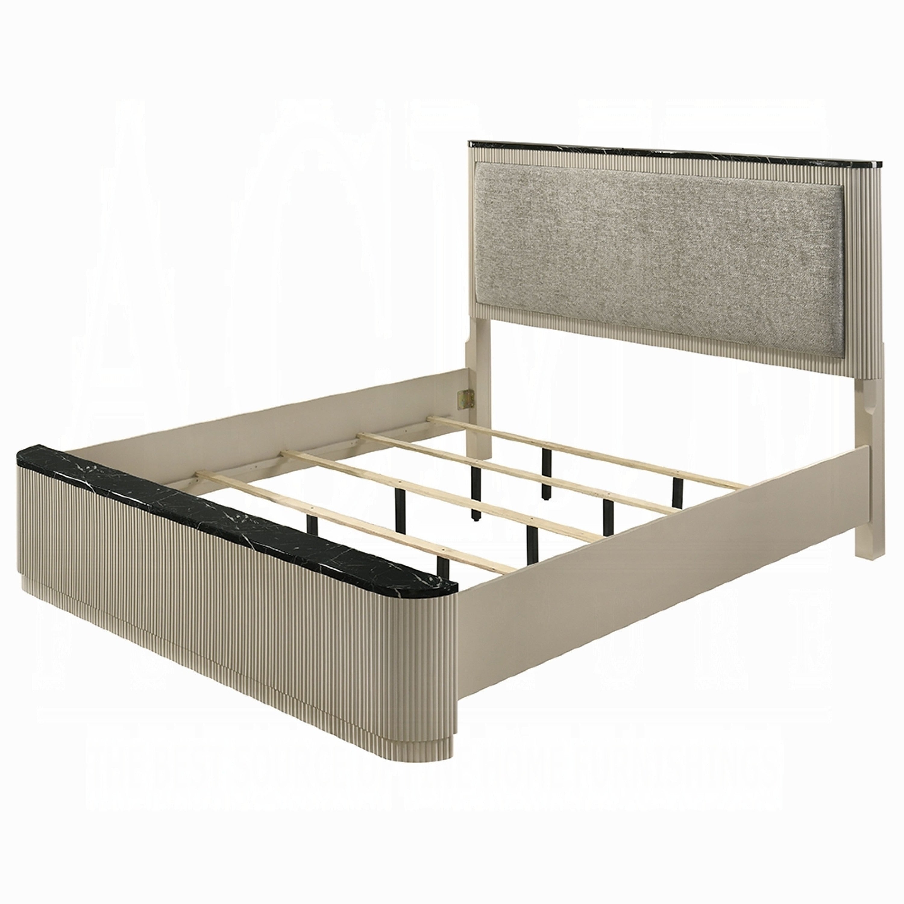 Trex King Bed Gray Linen Upholstery Marble Print Tops Fluted Beige Wood