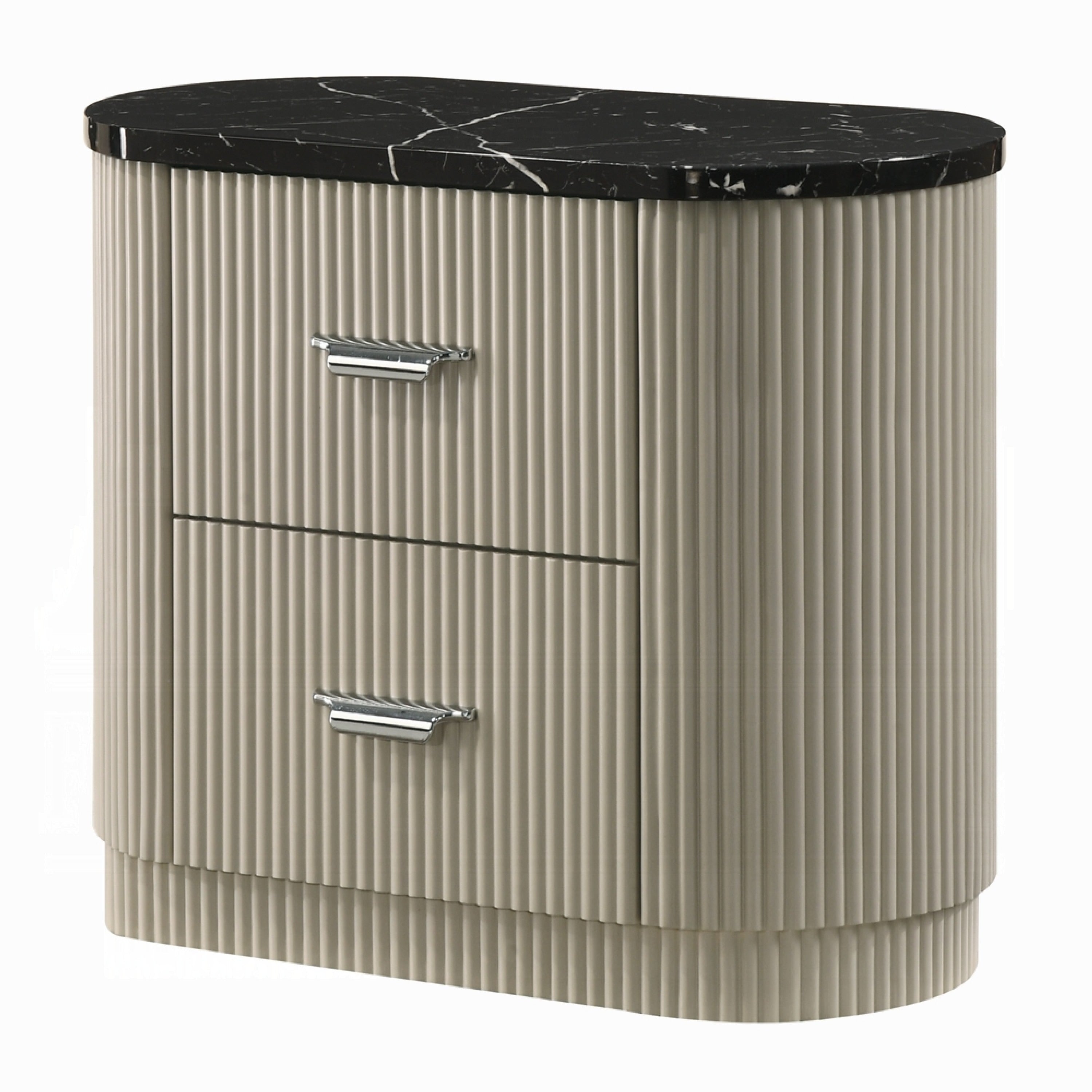 Trex Nightstand 2 Reeded Drawers With Black Faux Marble Oval Top Beige