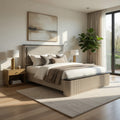 Trex Queen Bed Gray Linen Upholstery Marble Print Tops Fluted Beige Wood
