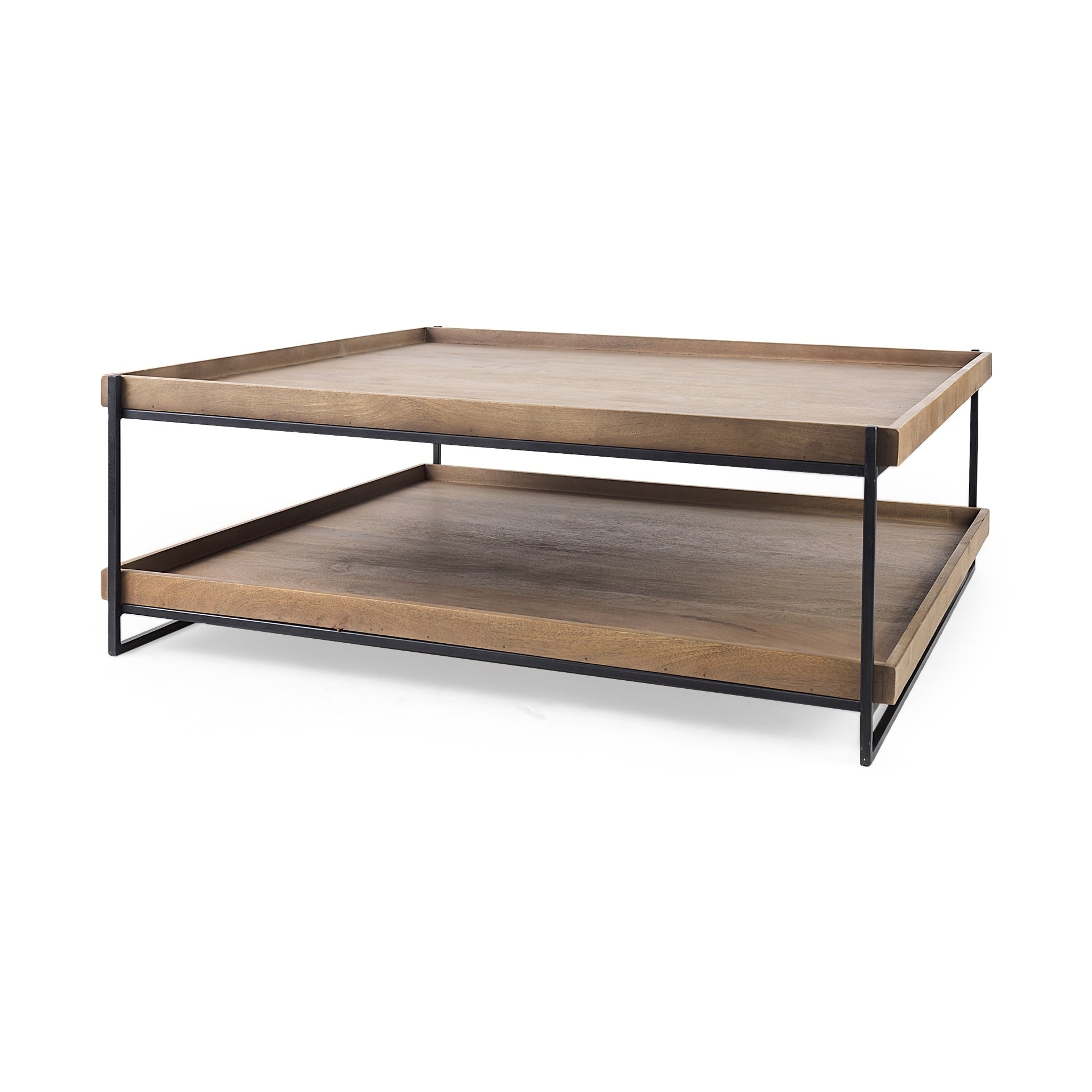 Trey Medium Brown Solid Wood W Black Metal Frame Two Tier Coffee Table 48.0L X 46.0W X 17.0H