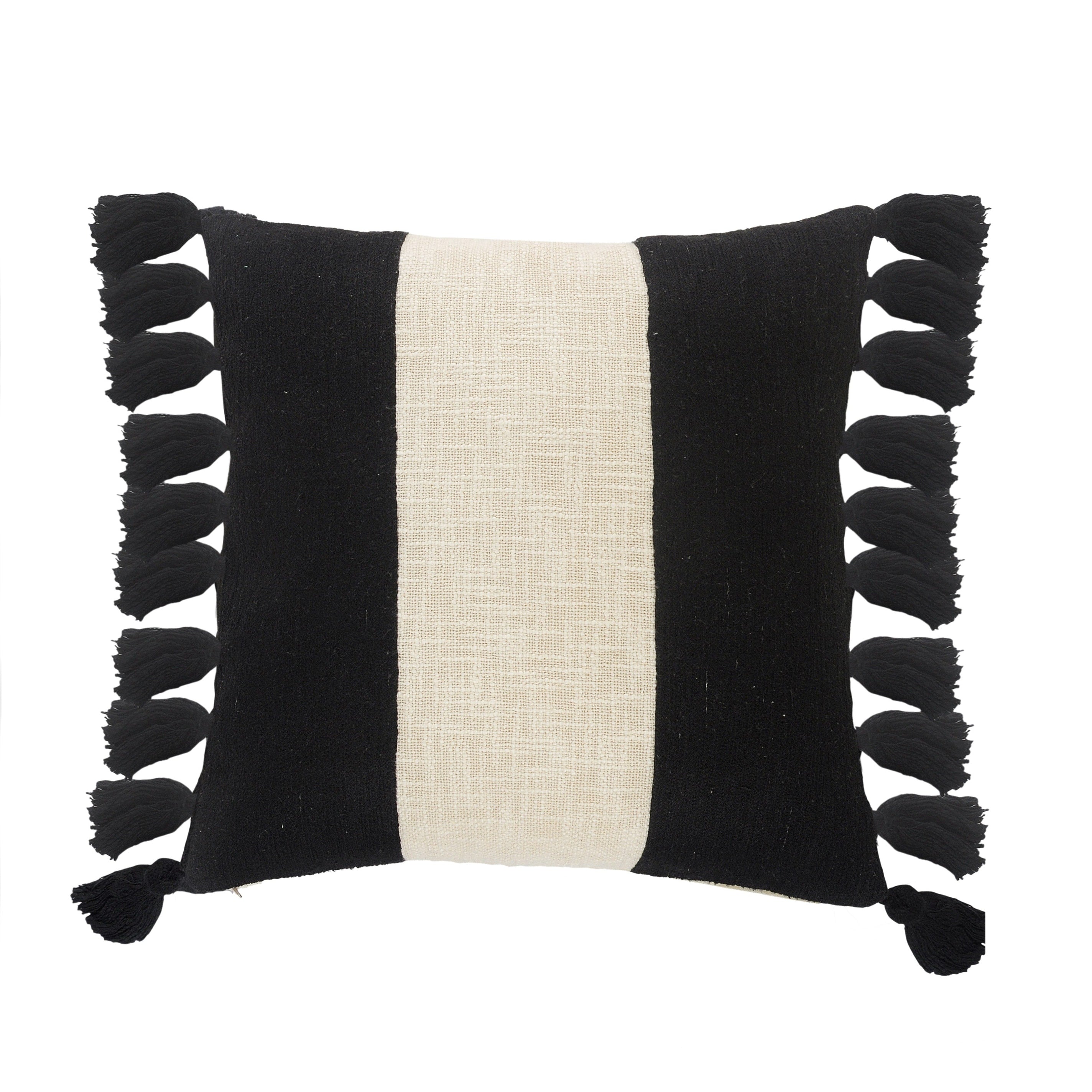 Tri Stripe Black And Ivory Fringe Pillow