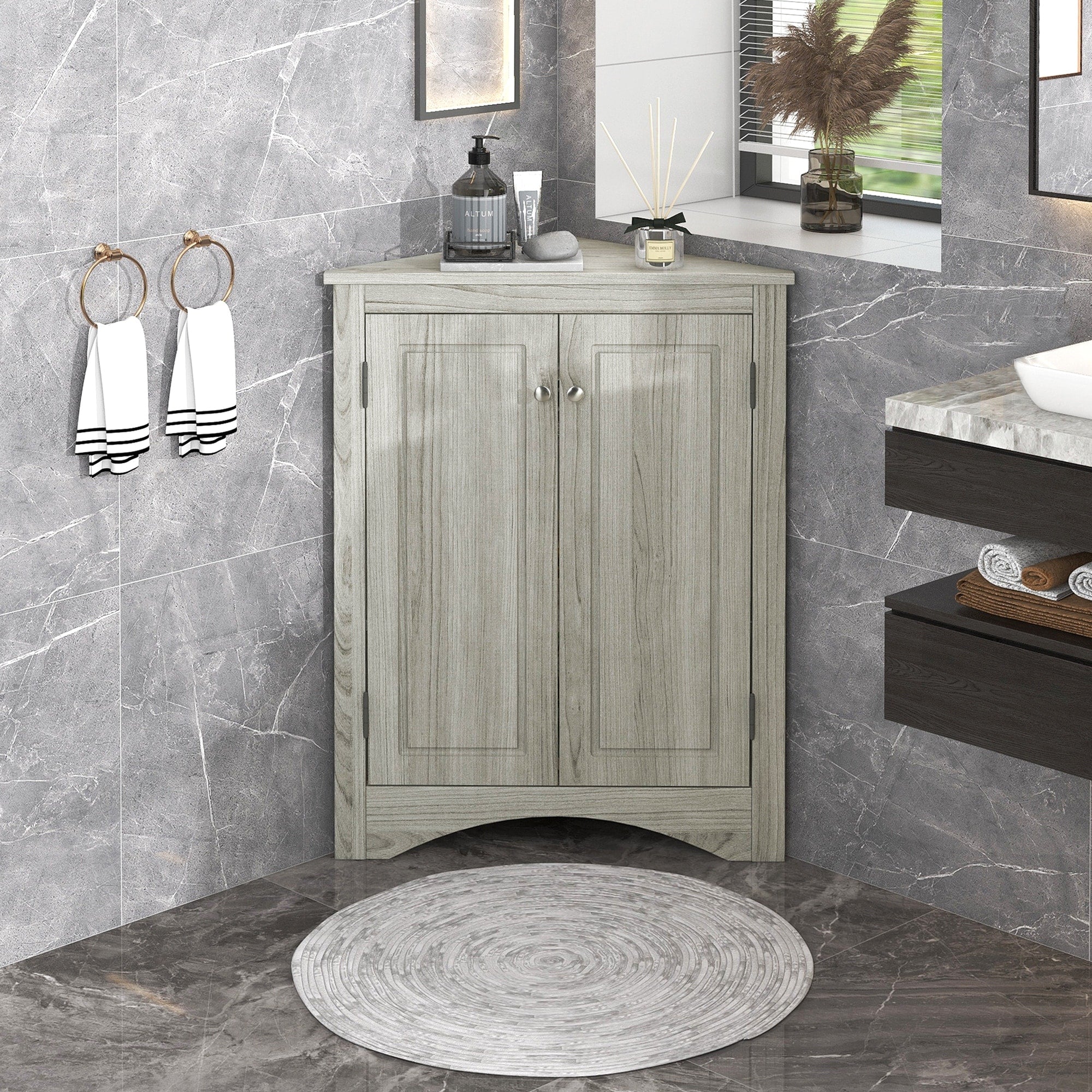 Triangle Bathroom Storage Cabinet With Adjustable Shelves Corner Cabinet Oak Medicine Cabinet With 2 Doors