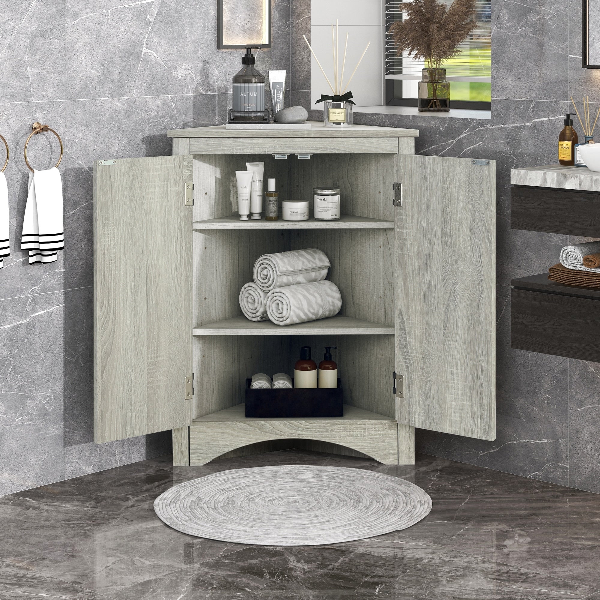 Triangle Bathroom Storage Cabinet With Adjustable Shelves Freestanding Floor Cabinet For Home Kitchen