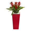 Triple Bromeliad Artificial Plant In Red Planter