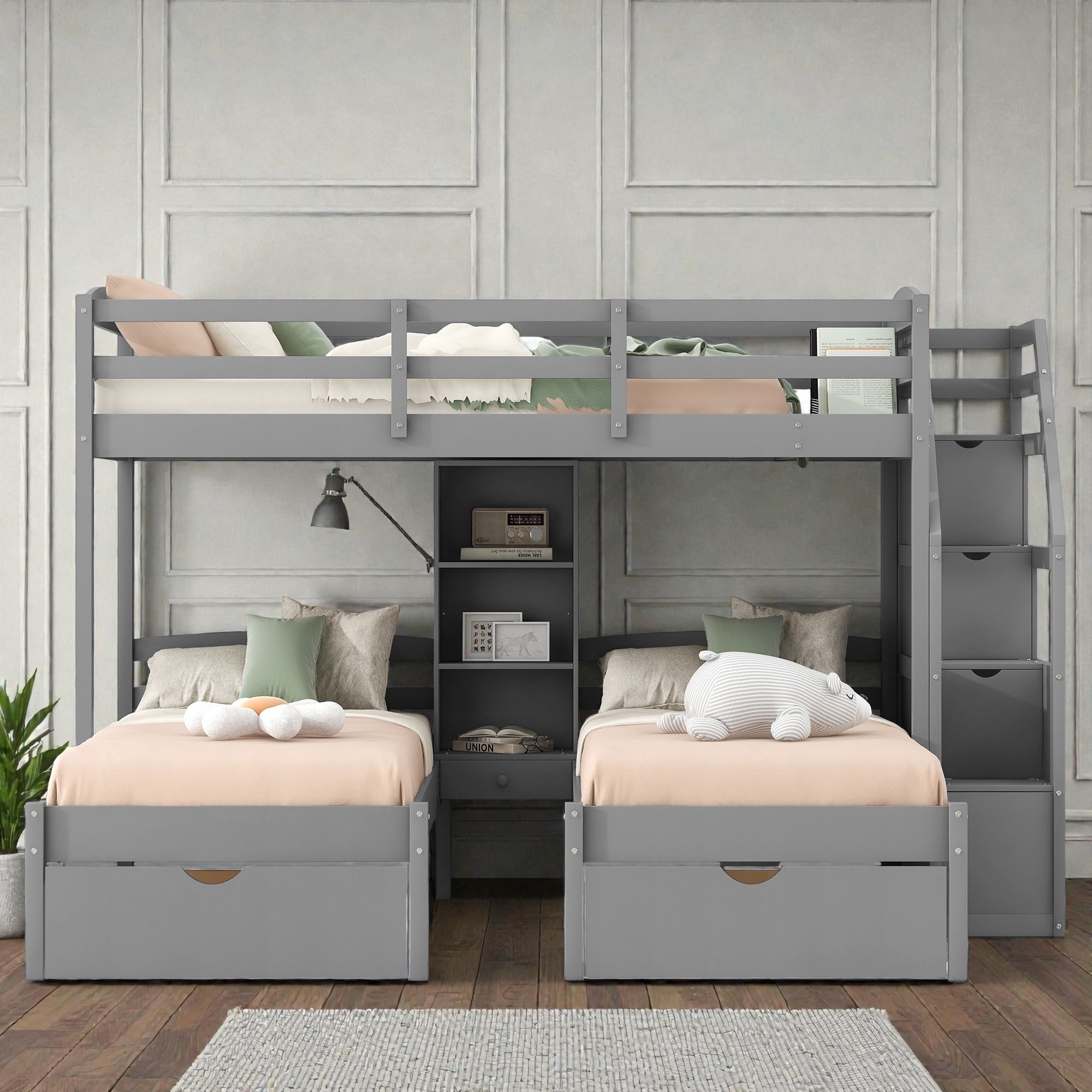 Triple Bunk Bed Twin Over Twin Twin With Drawers Storage Staircase And Built In Shelves Solid Wood Frame