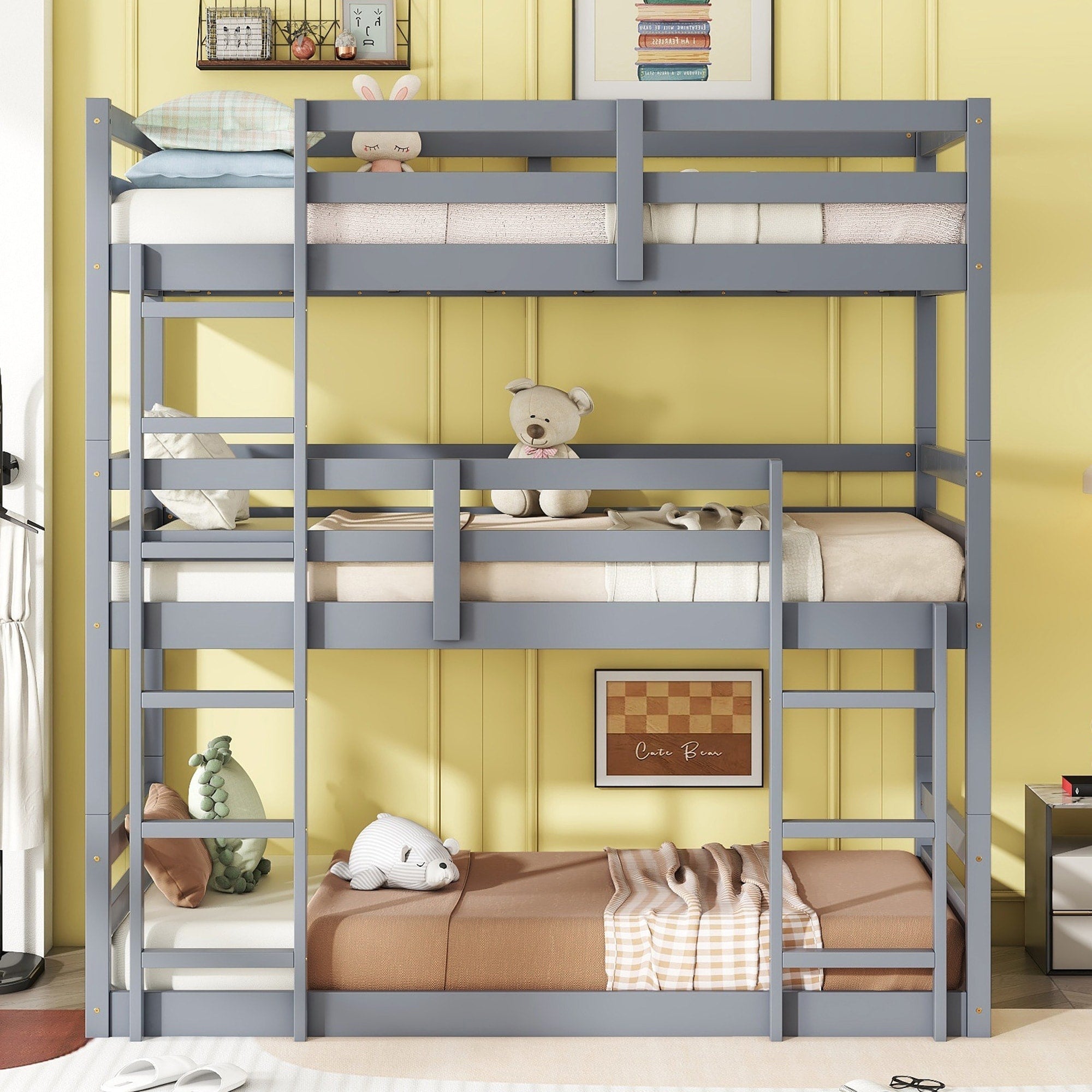 Triple Rubber Wood Bunk Bed With Two Built In Ladders Guardrails Twin Over Twin Over Twin Detachable Triple Twin Bunk Bed