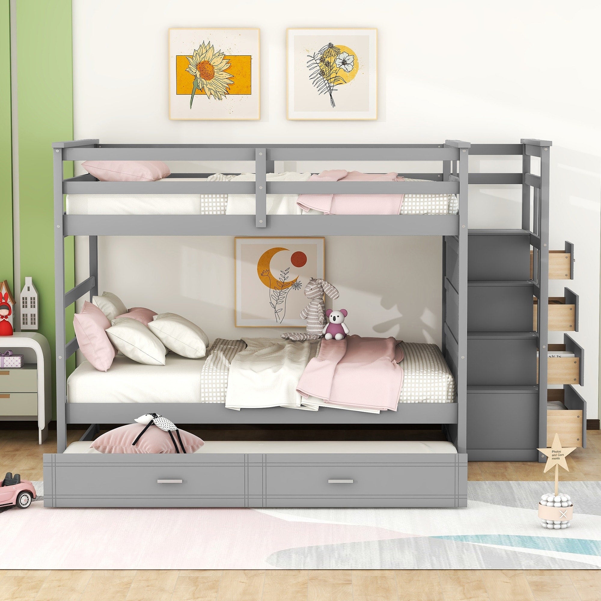 Triple Sleeper Bunk Bed Full Over Full With Twin Trundle And Stairs Space Saving Metal Frame For Kids Room