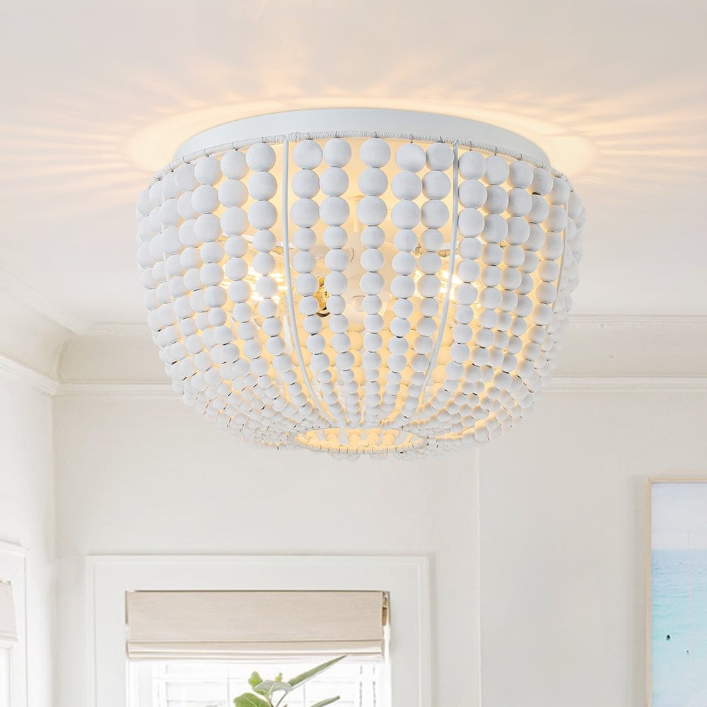 Tropical 2 Light Washed White Drum Wood Beaded Flush Mount 15.0 In