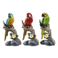 Tropical Bird Macaw Parrot On Branch Figurines Green Red Blue 3Pc Set