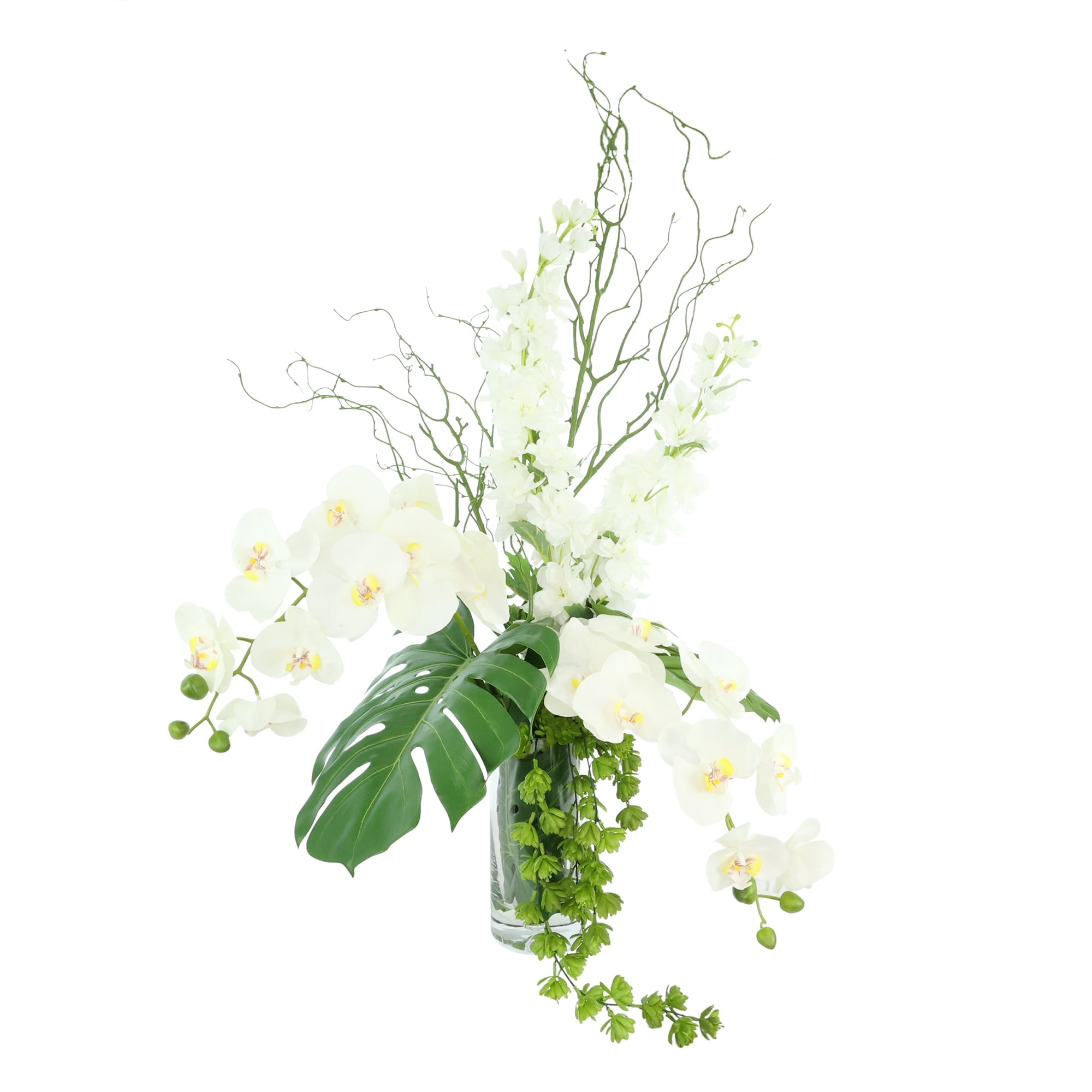 Tropical Centerpiece With Orchids And Monstera Leaves 39