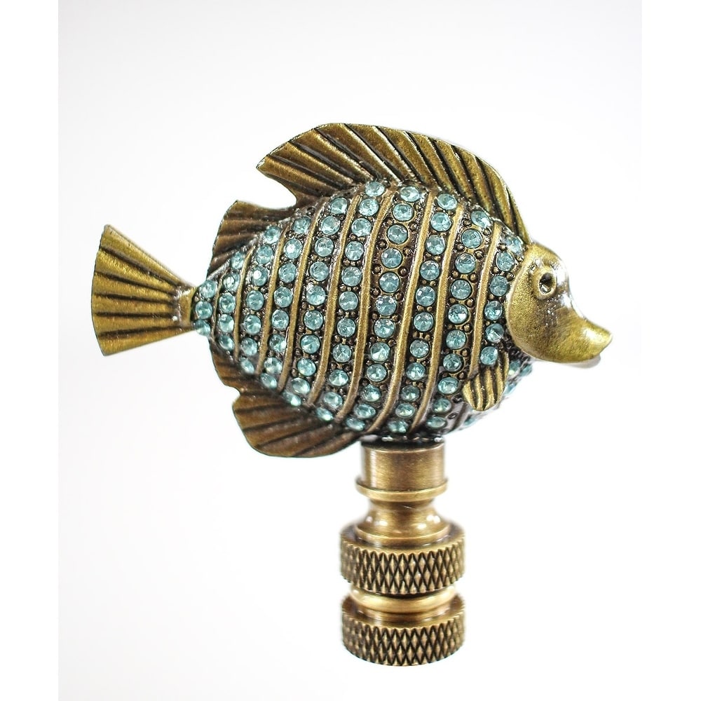 Tropical Fish Lamp Finial With Aegean Blue Glass Antique Brass Finish 2.25 H