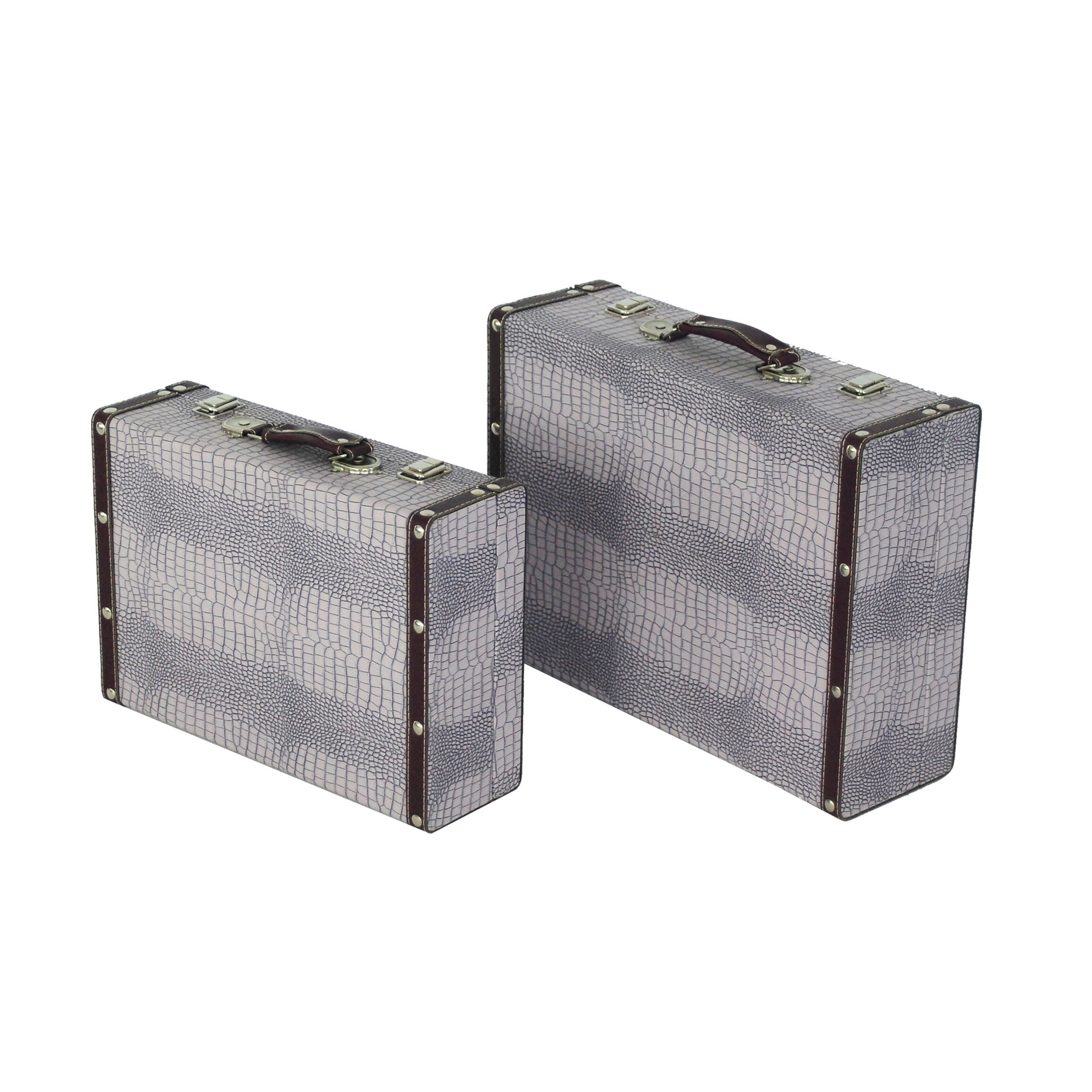 Trunk Style Suitcase With Textured Print Canvas Covering Gray Set Of 2