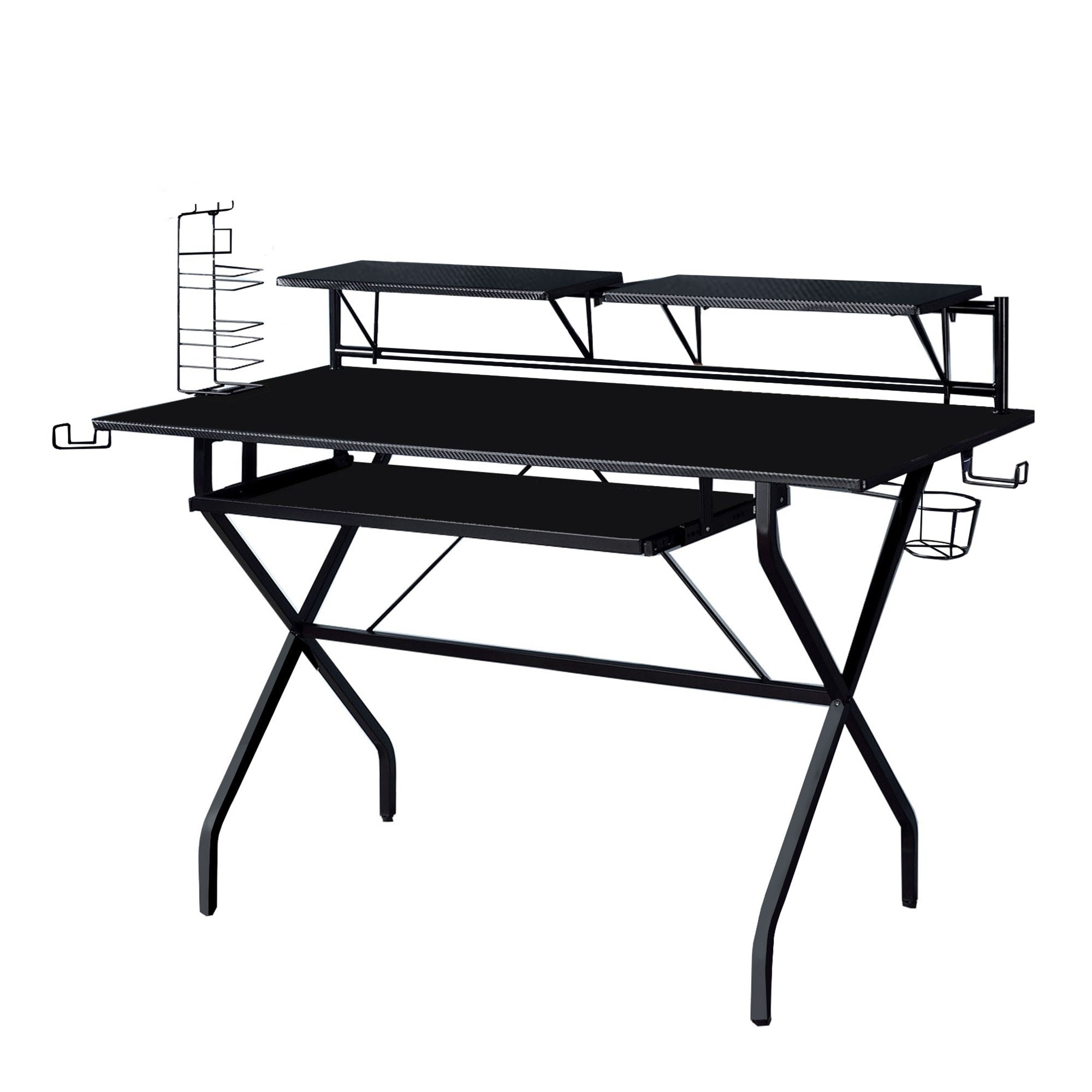 Tubular Metal Frame Computer Desk With 2 Shelves And Cup Holder Black