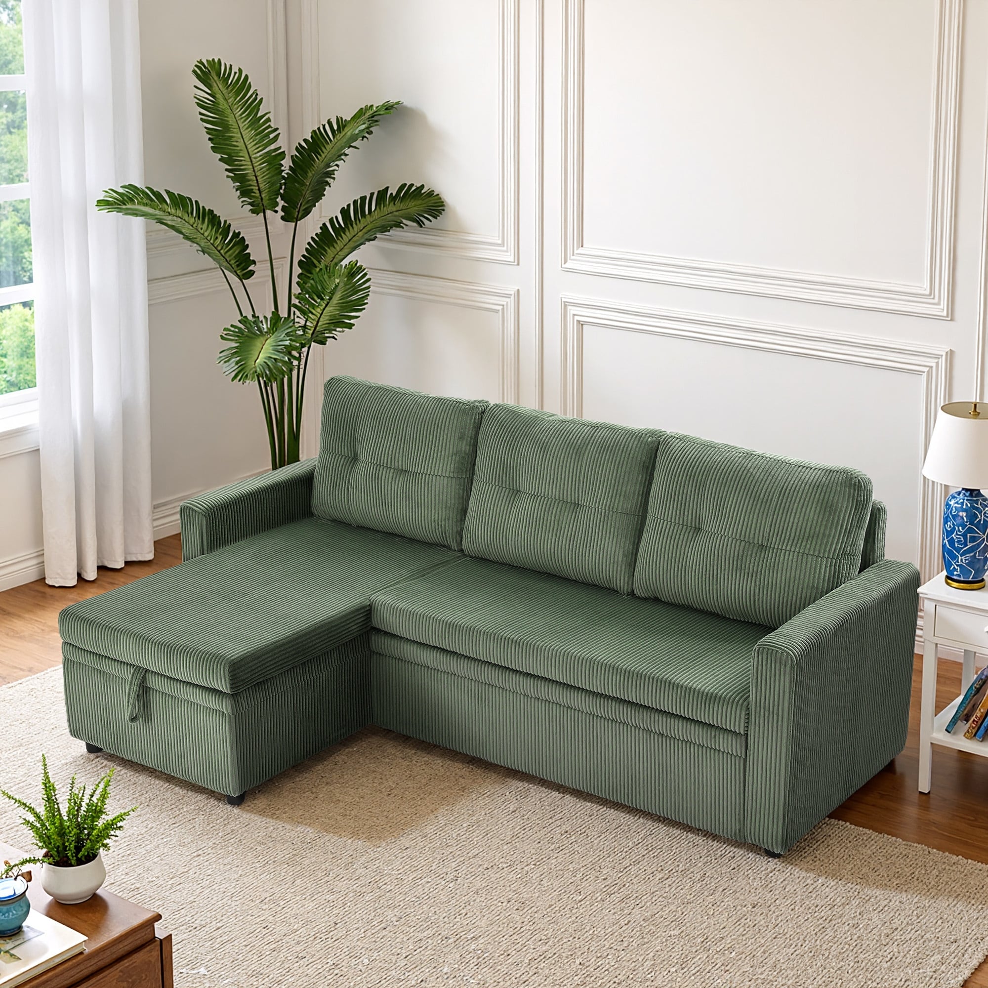 Tufted Convertible Corduroy Linen Modular Sectional Sofa With Storage Chaise
