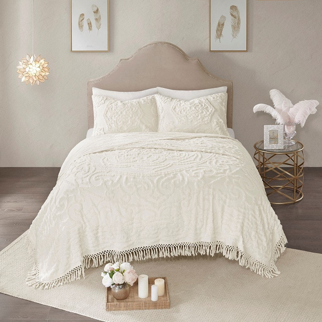 Tufted Cotton Chenille Medallion Fringe Coverlet Mini Set Off White King Cal King