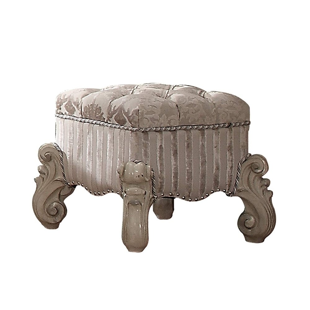 Tufted Fabric Upholstered Wooden Vanity Stool With Scrolled Legs Bone White