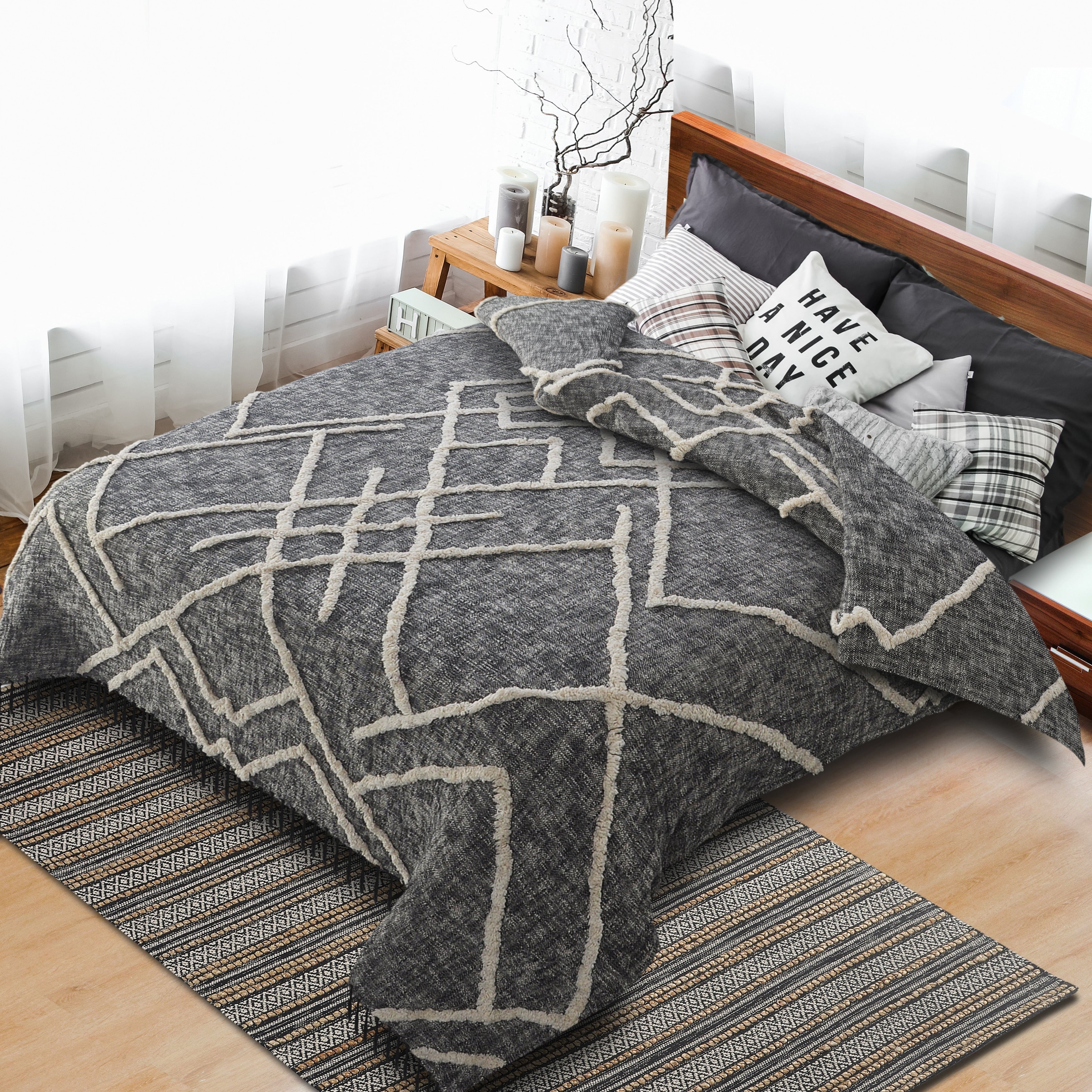 Tufted Geometric Diamond And Distressed Coverlet