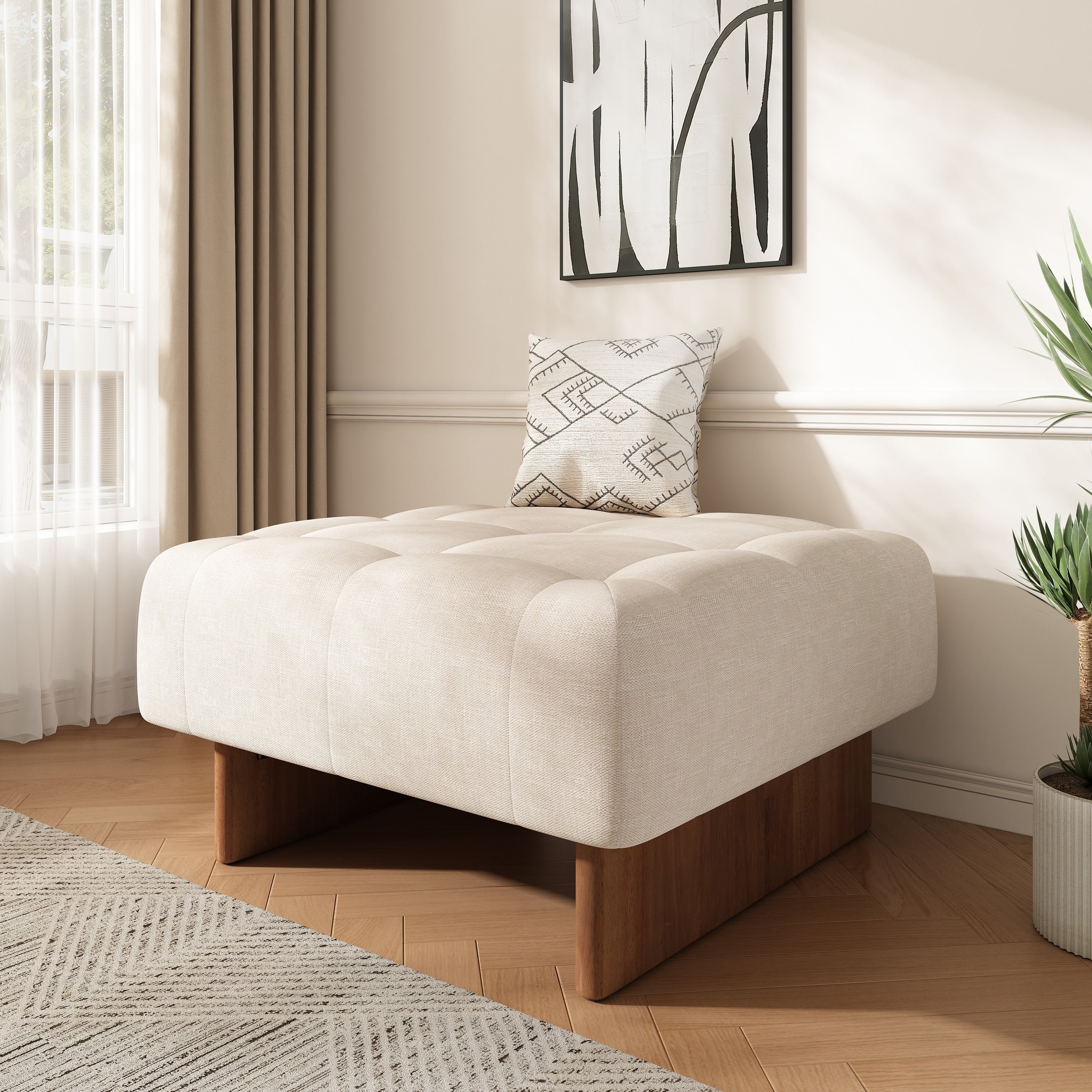 Tufted Linen Square Ottoman With Solid Wood Legs Beige Elegant Design