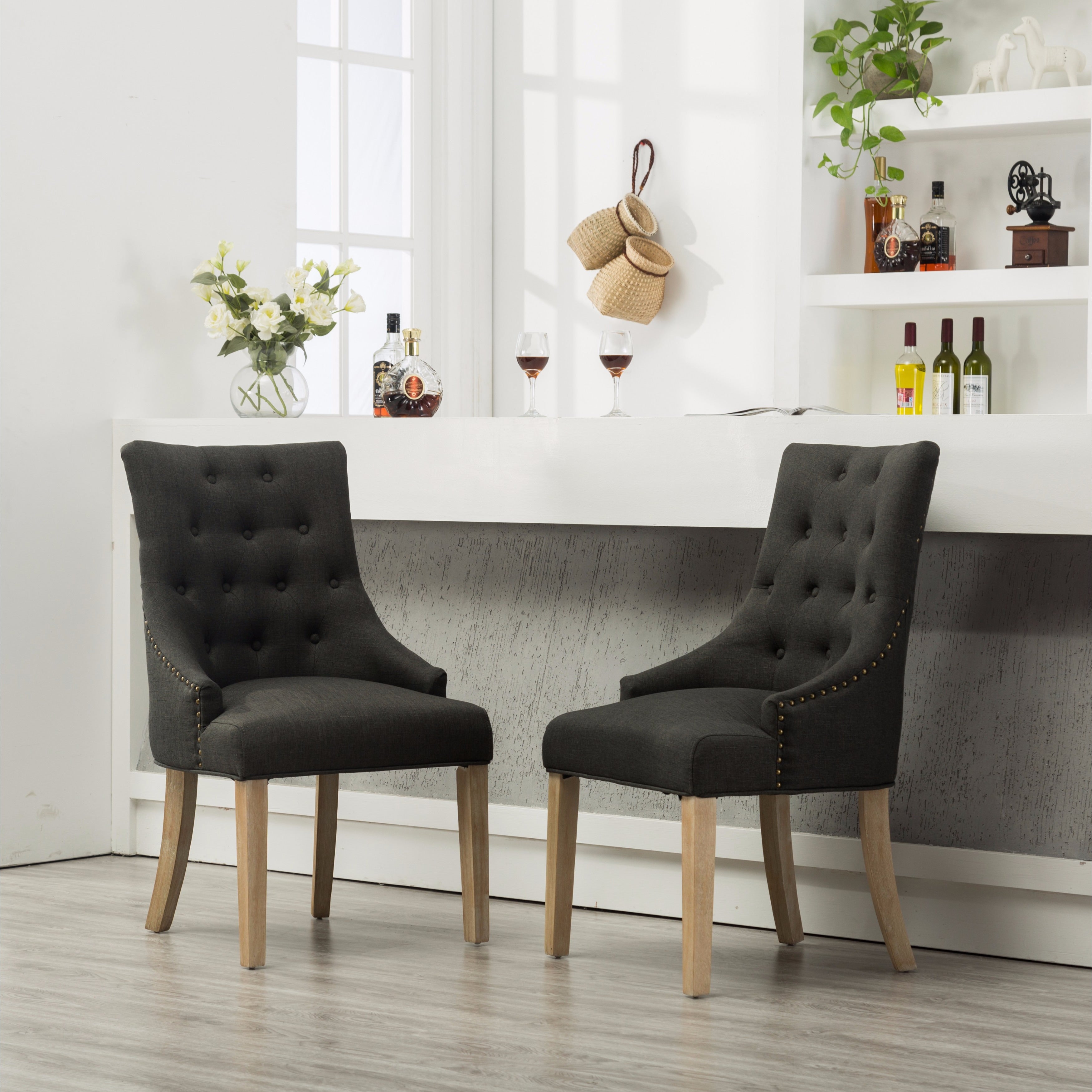 Solid Wood Fabric Tufted Nailhead Trim Wingback Hostess Chairs Set Of 2