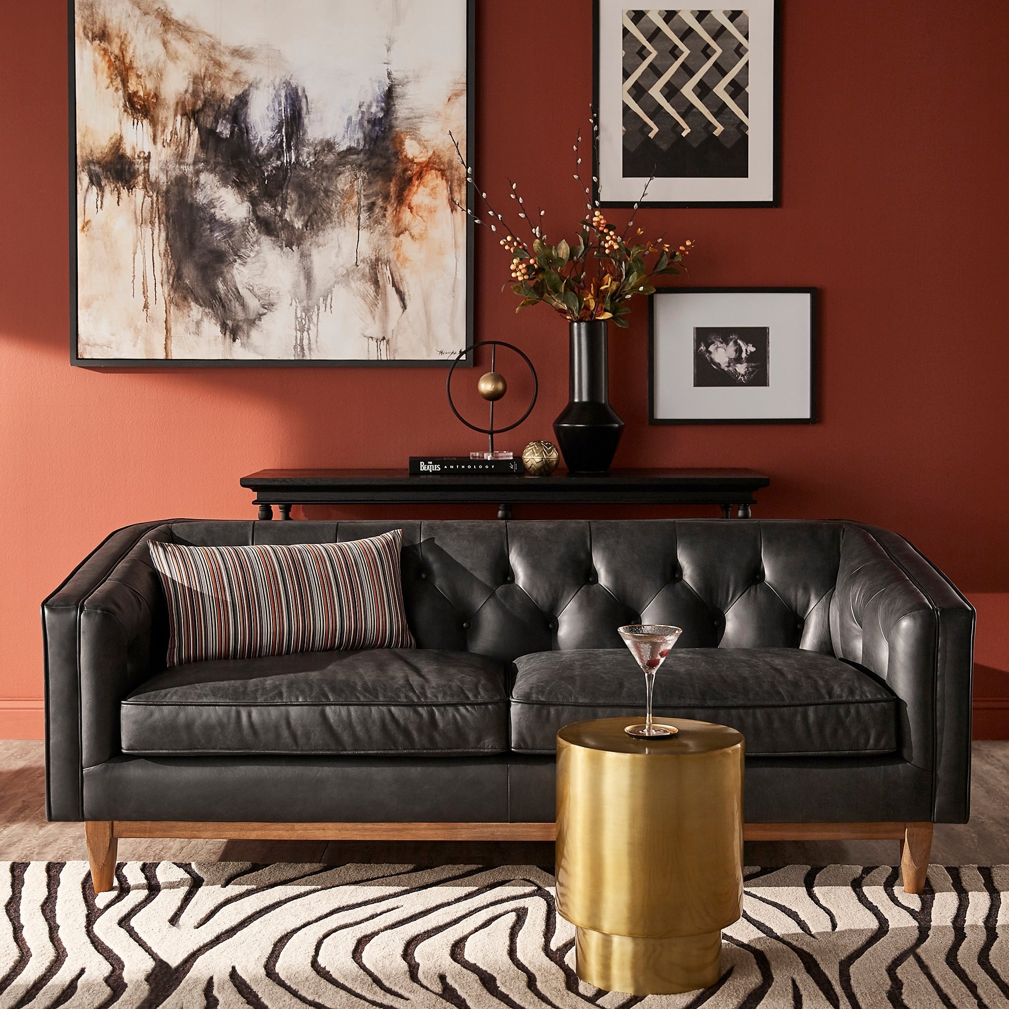 Strick Bolton Natty Black Button Tufted Leather Sofa