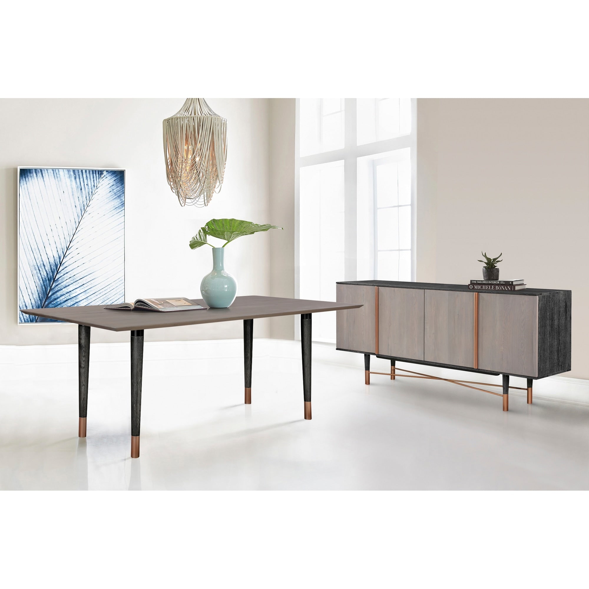 Turin Rustic Oak Wood Dining Table With Copper Tip Legs Black Brushed