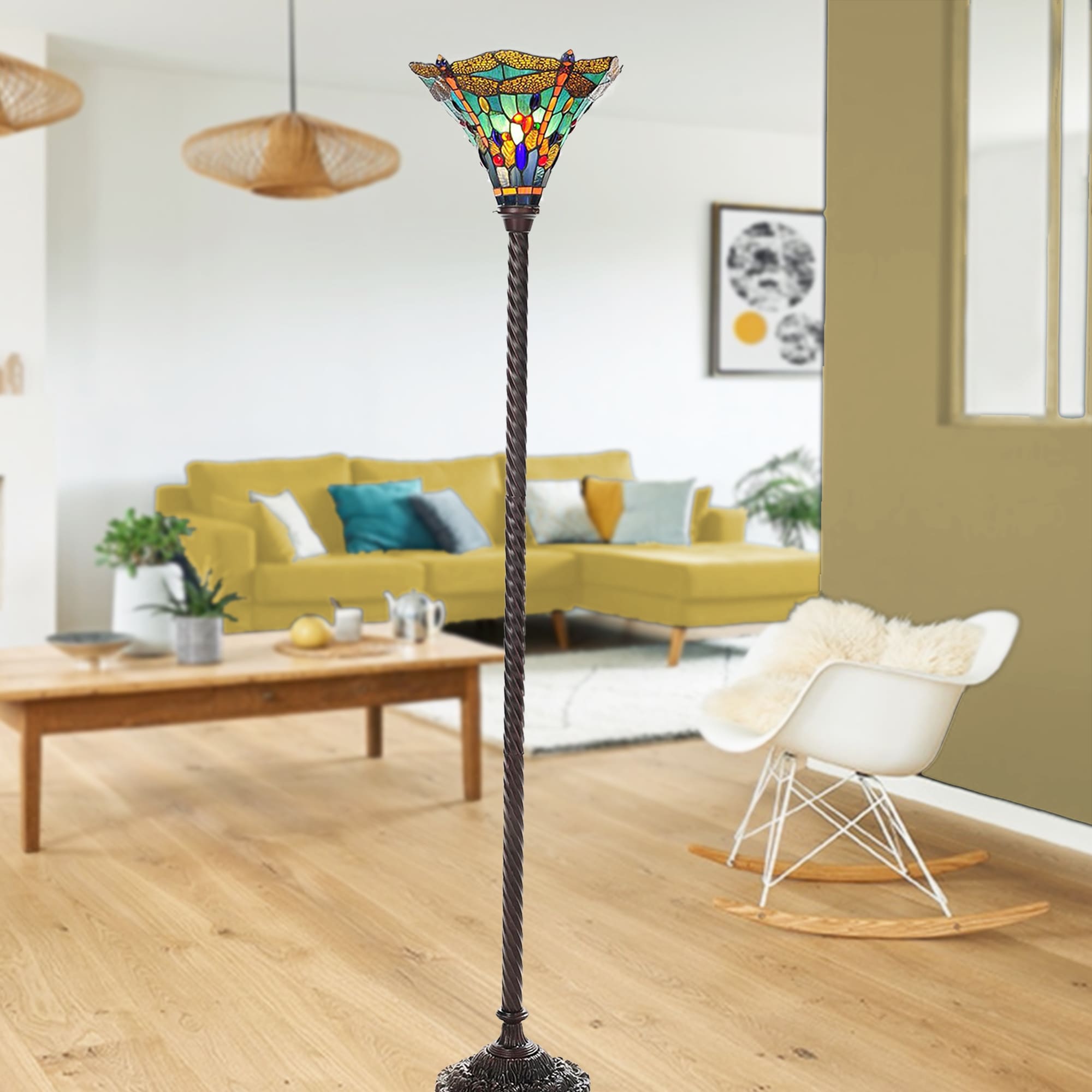 Turquoise Dragonfly Design Tiffany Style Torchiere Lamp