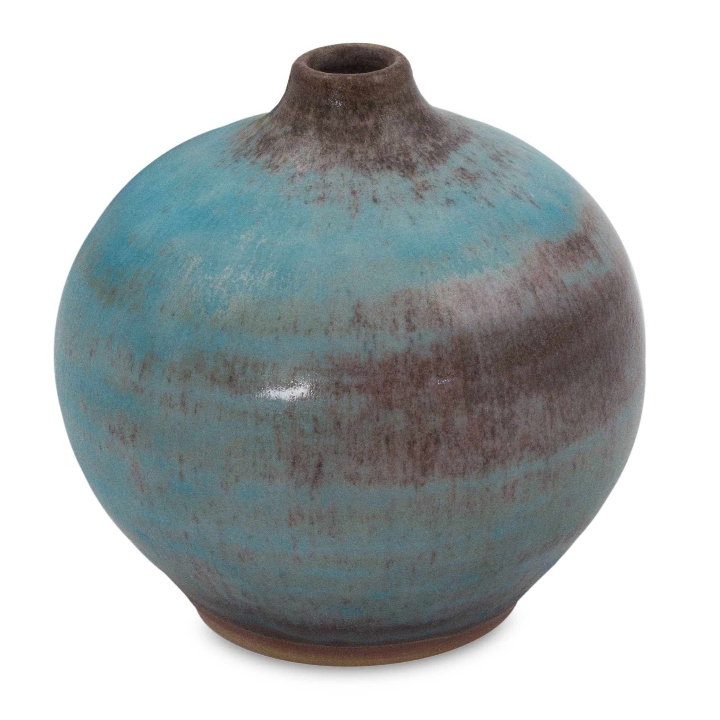 Handmade Turquoise Mid Century Asian Turquoise Blue With Brown Ceramic Bud Vase Thailand