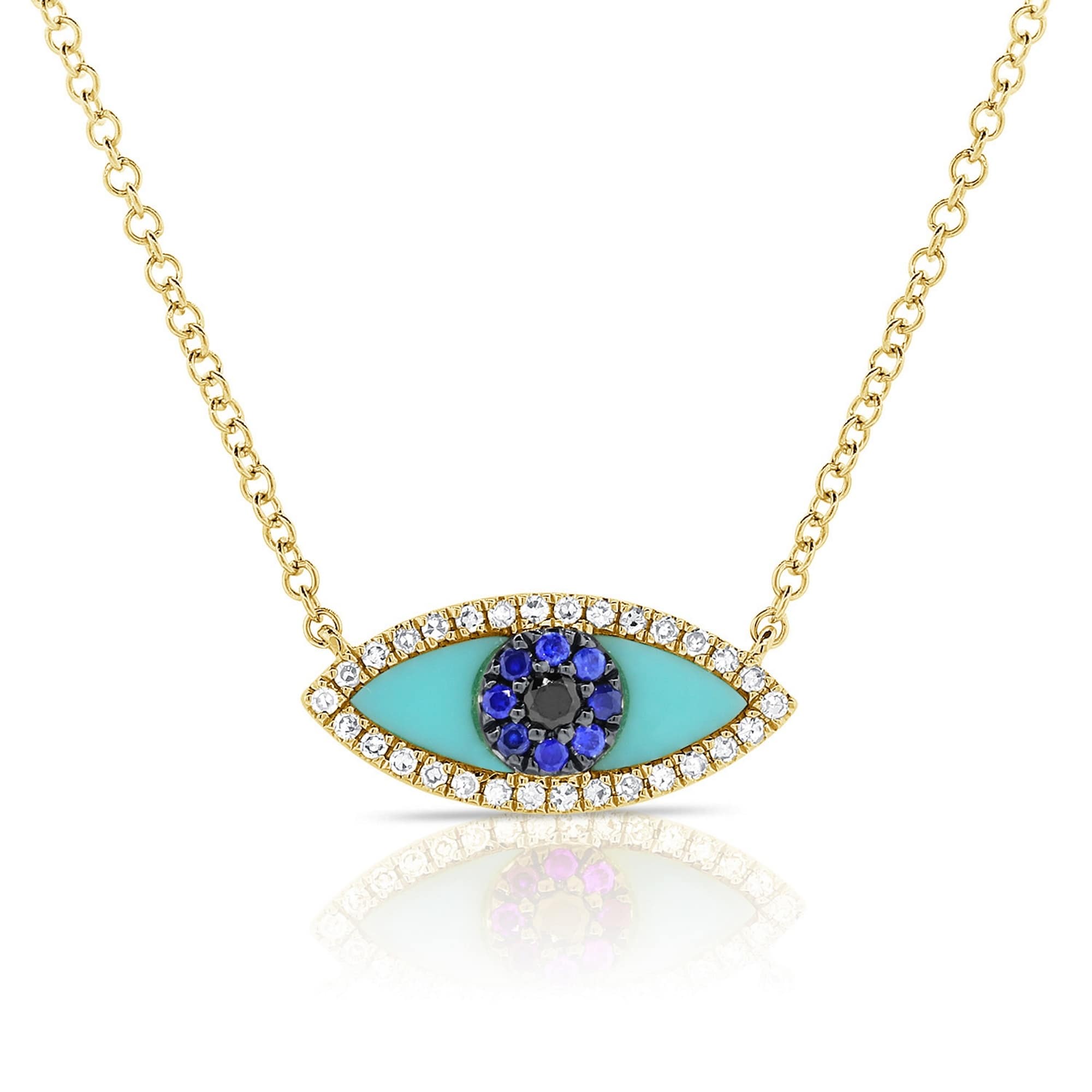 Turquoise Sapphire Diamond Evil Eye Pendant 14K Yellow Gold Turquoise Evil Eye Necklace