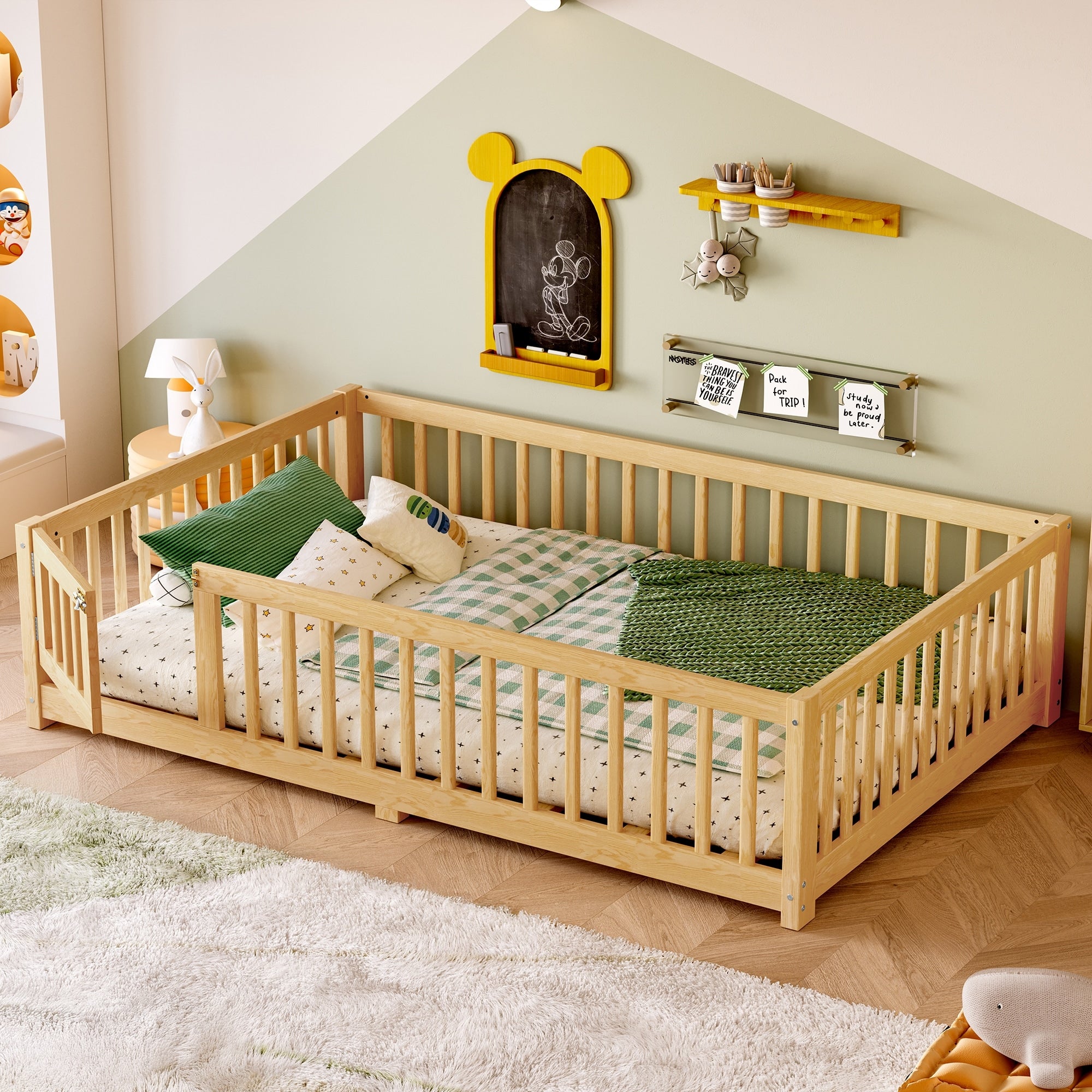 Twin Full Queen Size Floor Bed With Safety Guardrails And Door For Kids