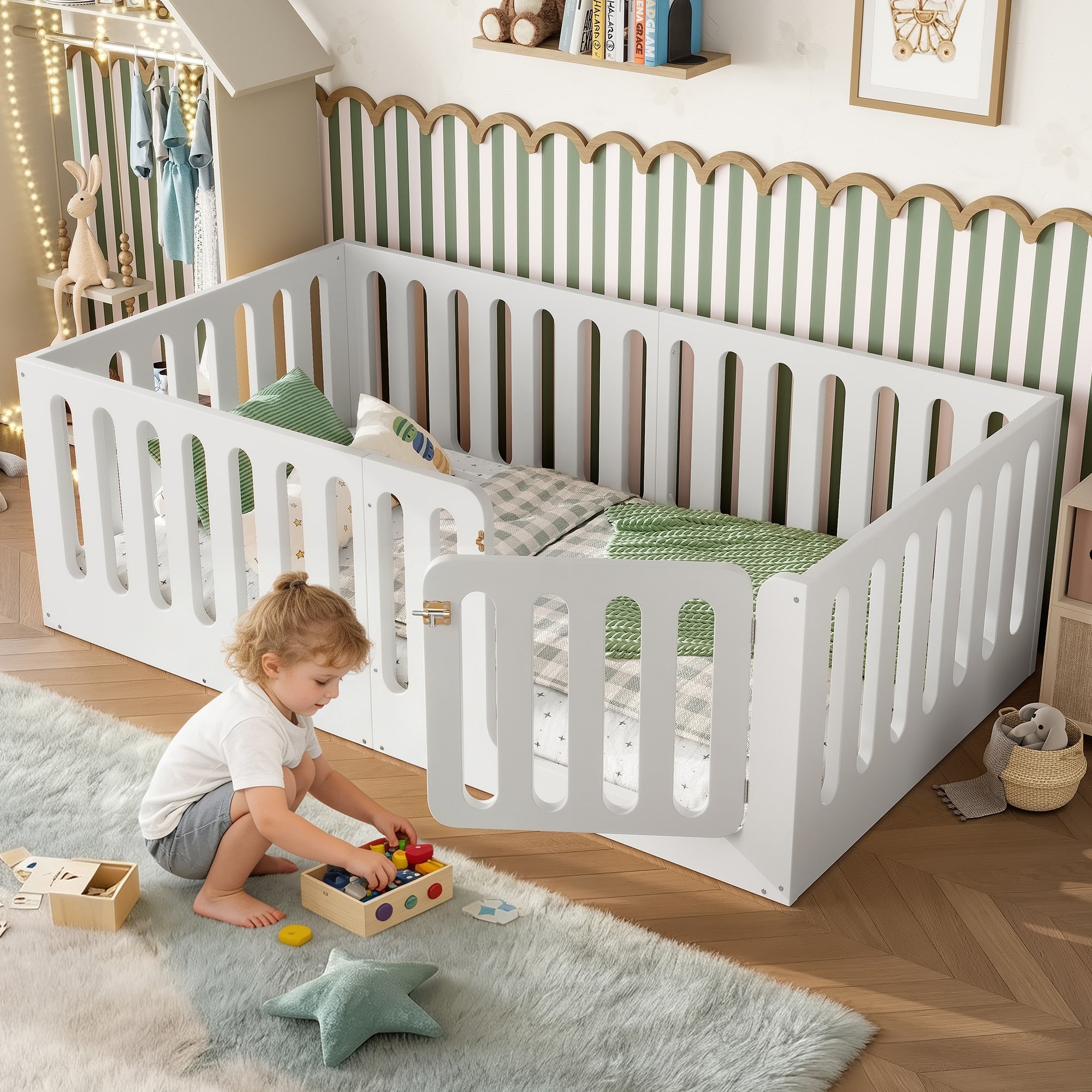 Twin Full Queen Size Solid Wood Montessori Floor Bed With High Fence And Door