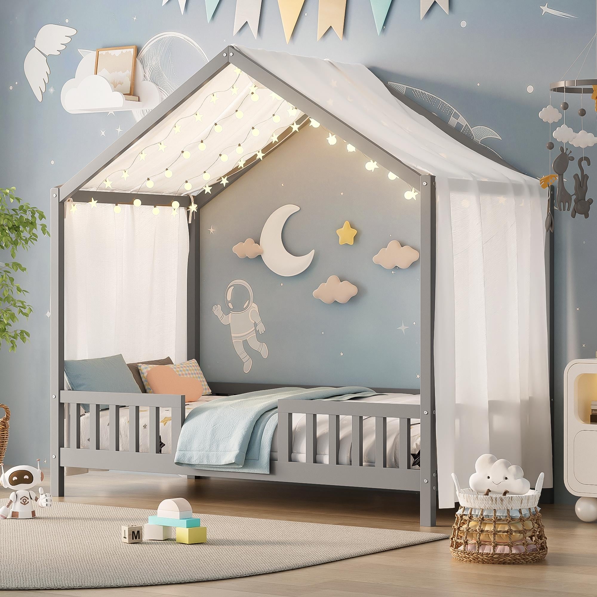 Twin Full Kids Bed With Roof And Canopy Wooden House Frame For Safety