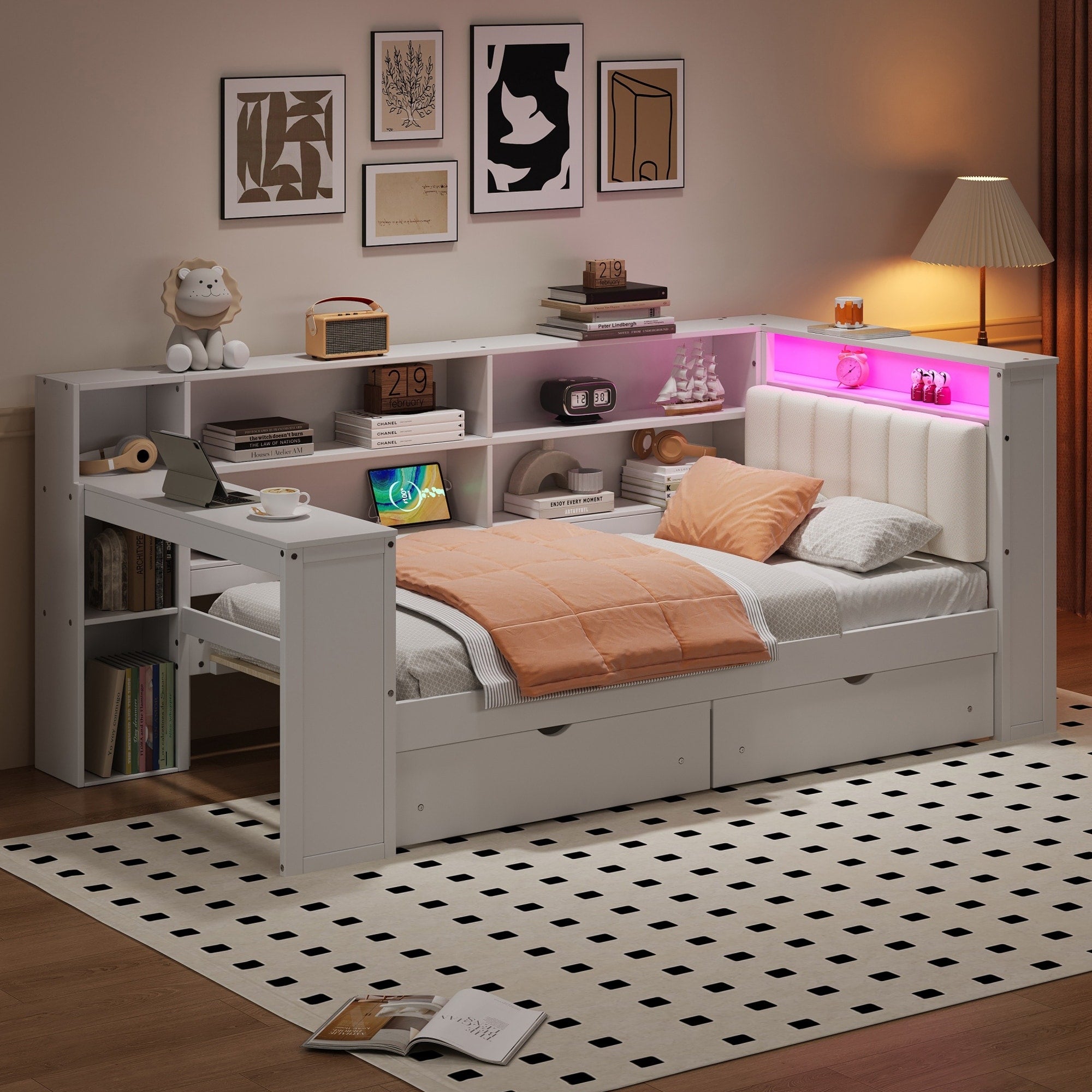 Twin Full Wood Platform Bed With Storage Shelves Drawers Led Light Desk And Upholstered Headboard