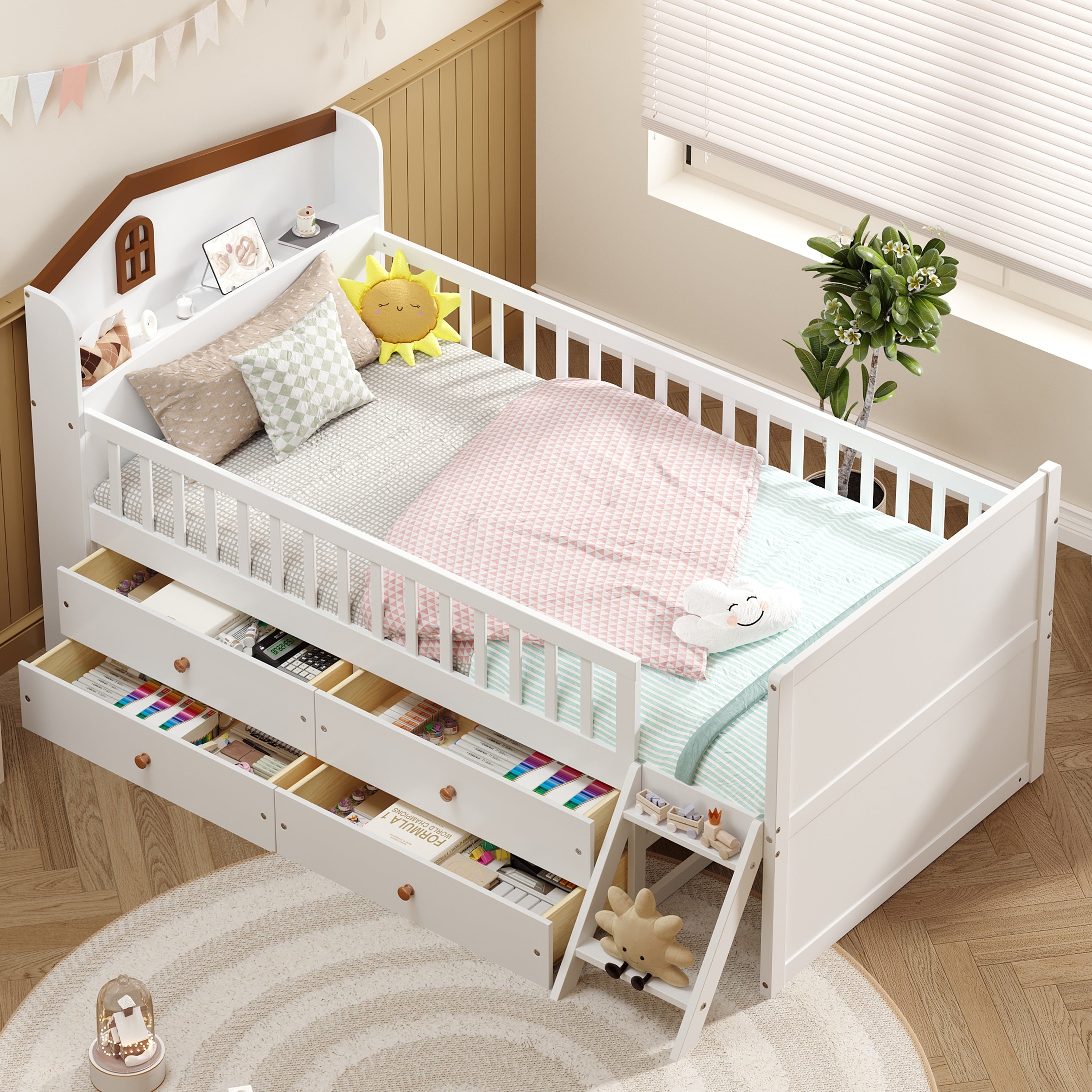 Twin Bed Frame With 4 Drawers Kids Wood Bed With Guardrail Ladder