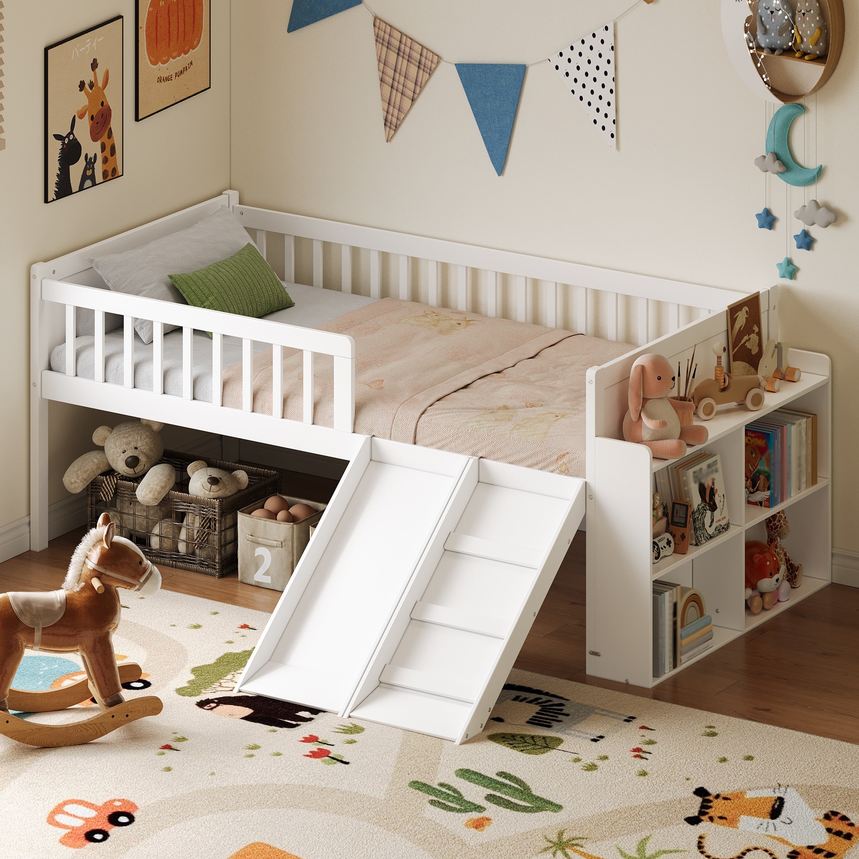 Twin Bed Frame With Storage Shelf Slide Ladder And Guardrail
