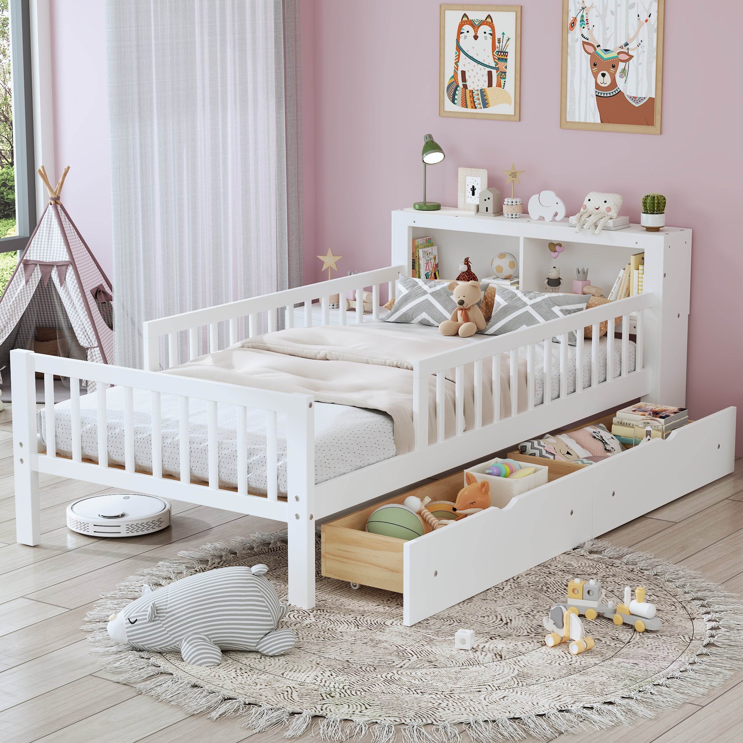 Twin Bed With 2 Drawers Headboard Storage 3 Side Guardrails