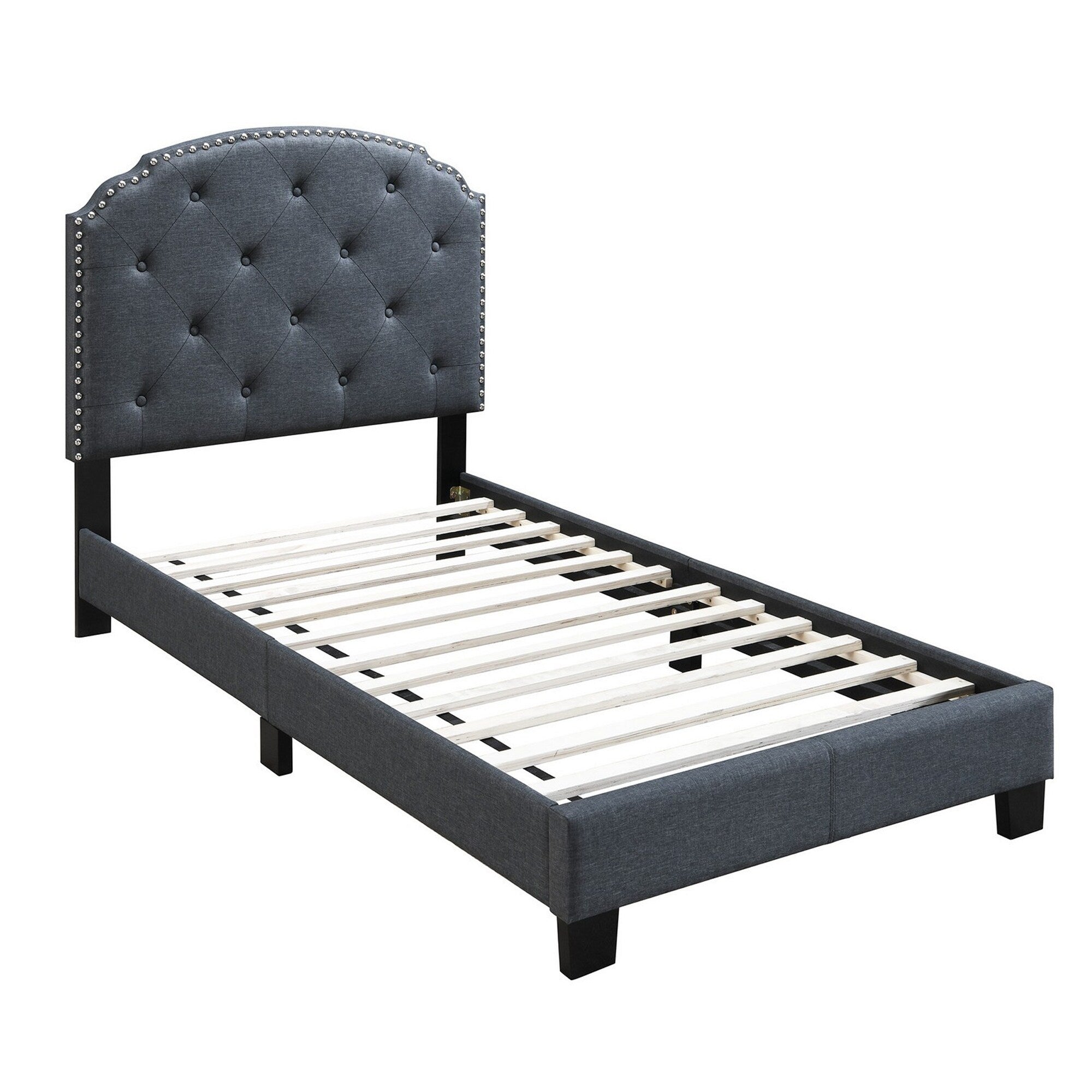 Twin Bed With Button Tufted Scalloped Headboard Gray