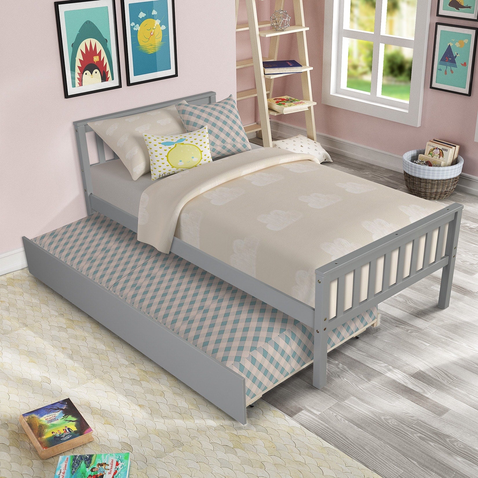 Twin Bed With Trundle Platform Bed Frame With Headboard And Footboard For Bedroom Small Living Space No Box Spring Needed