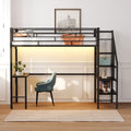 Twin Black Metal Loft Bed With Desk Charging Station Led Light Heavy Duty Staircase Storage Shelves