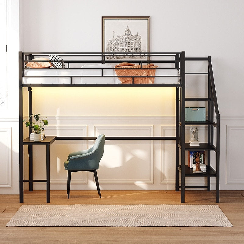 Twin Black Metal Loft Bed With Desk Charging Station Led Light Heavy Duty Staircase Storage Shelves