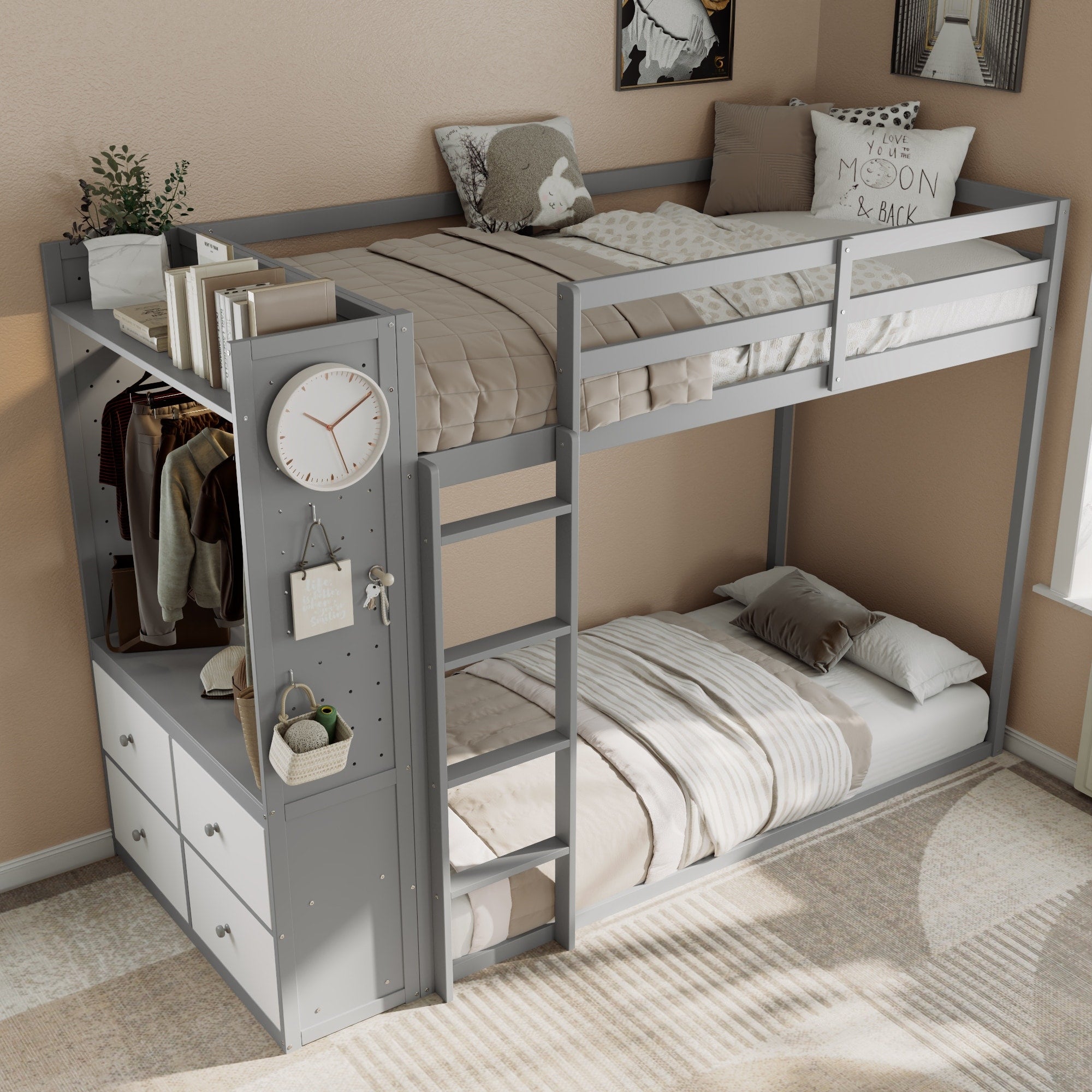 Twin Bunk Bed With 4 Storage Drawers Hanging Rail Built In Shelves Led Light Strip Dual Pegboards