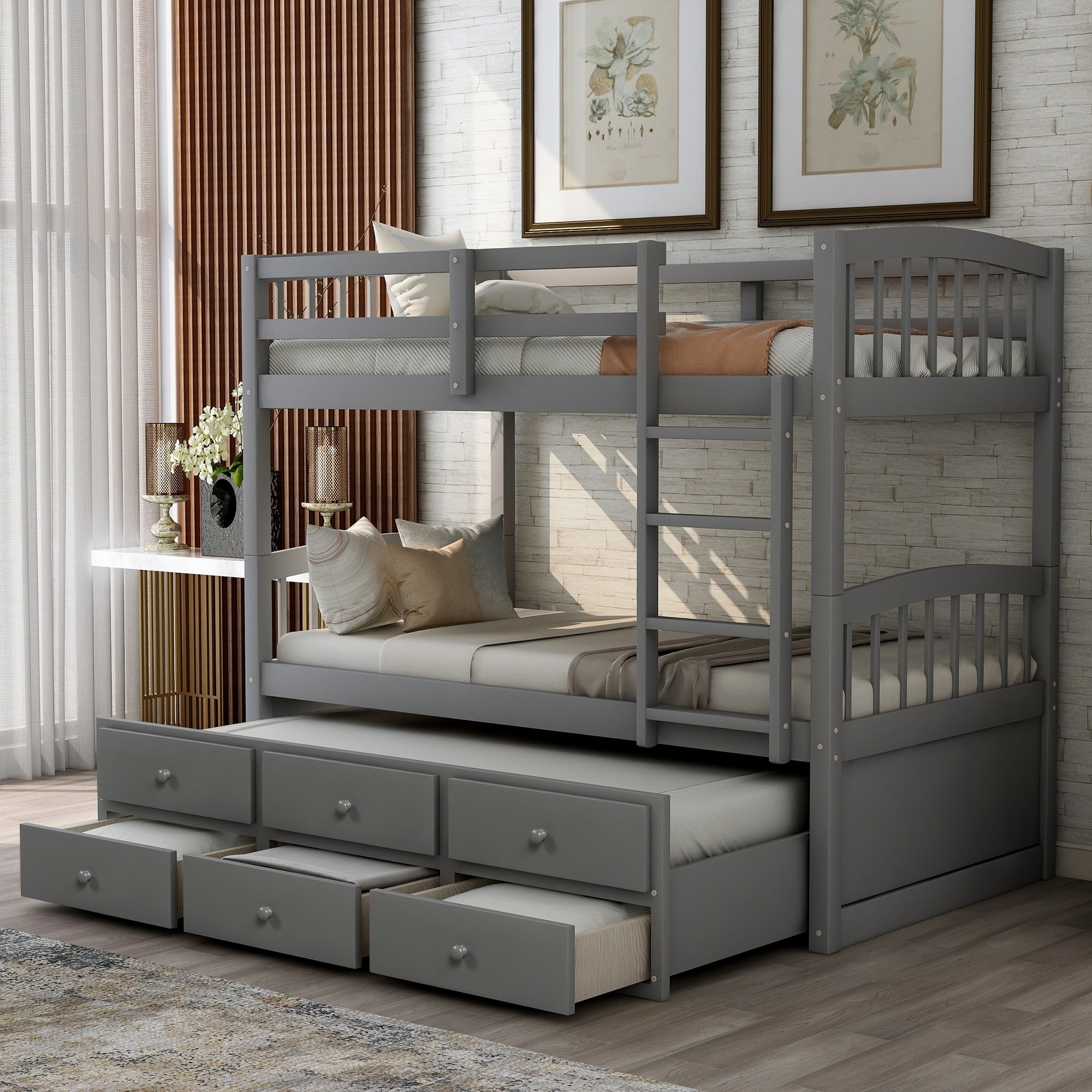 Twin Bunk Bed With Ladder Safety Rail Twin Trundle Bed With 3 Drawers For Teens Bedroom Guest Room Furniture