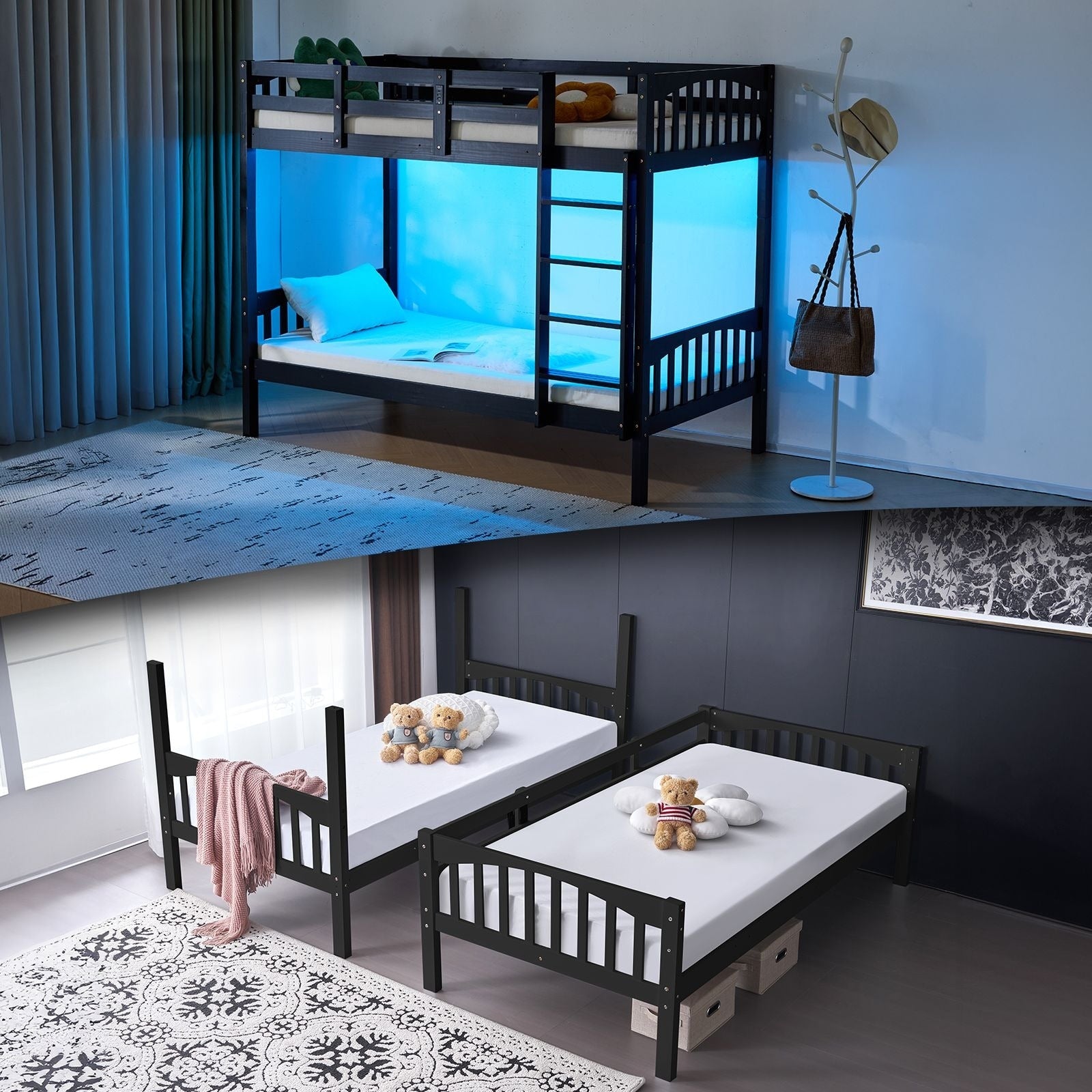 Twin Bunk Bed With Rgb Led Strip And Charging Station