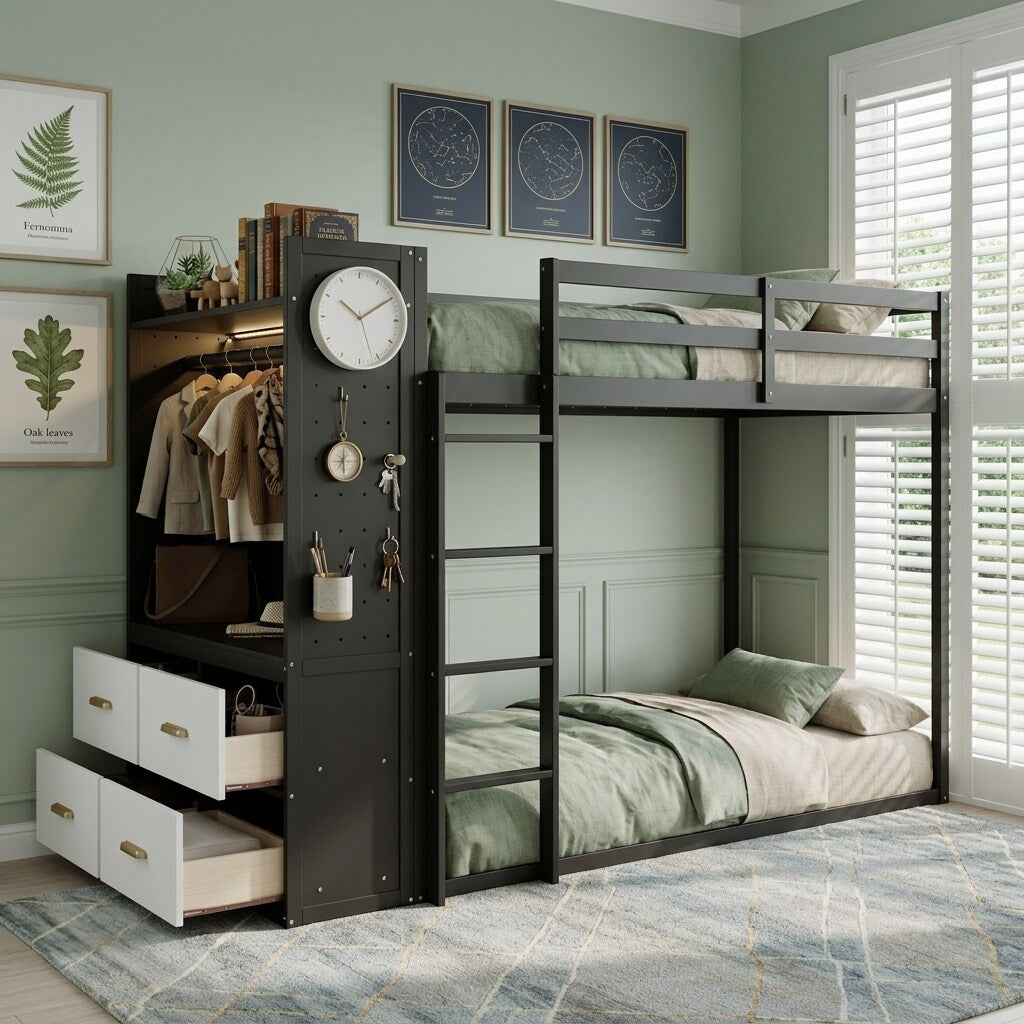 Twin Bunk Bed With Storage Shelves And Led Light Strip By Harper Bright Designs