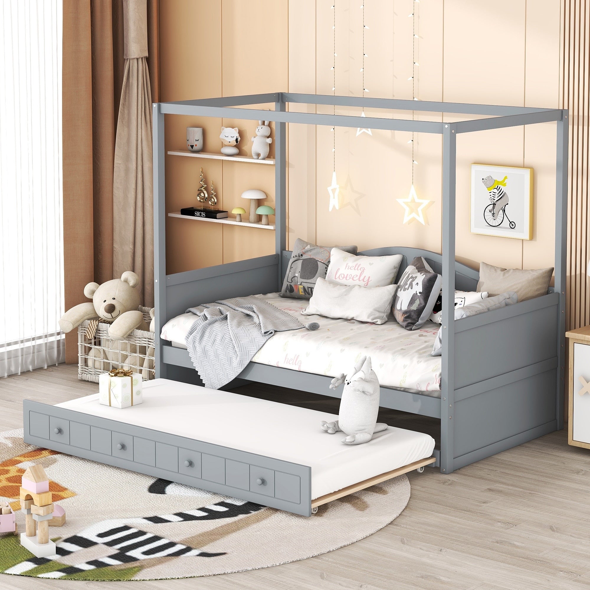 Twin Canopy Daybed With Trundle Bed Space Saving Design