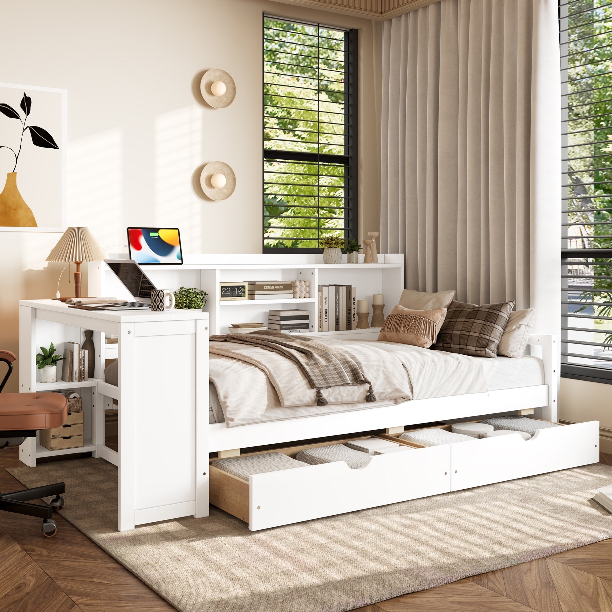 Twin Corner Daybed With Storage Drawers Desk Charging Port And Bookcase