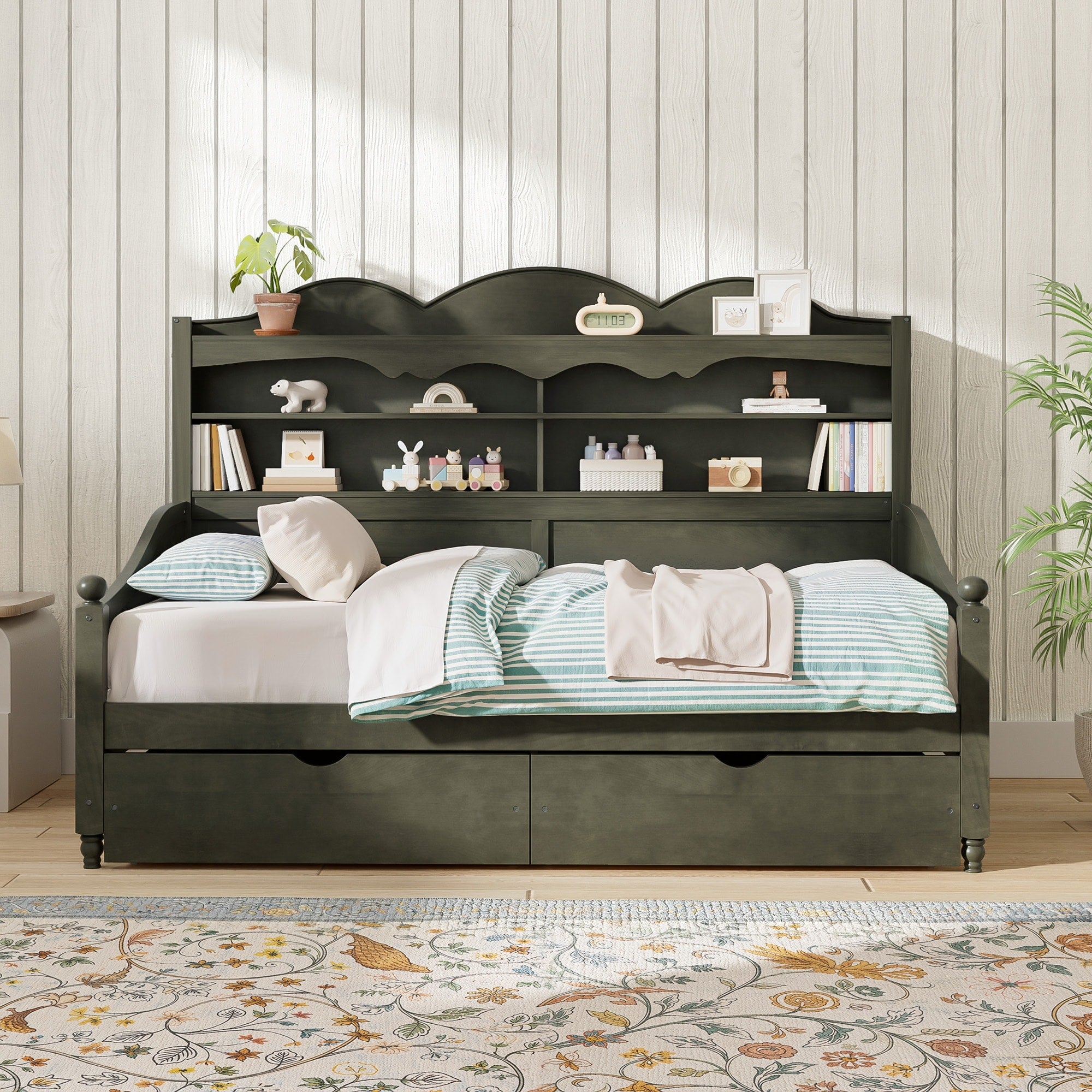 Twin Daybed Platform Bed Frame With Drawers Headboard Shelving