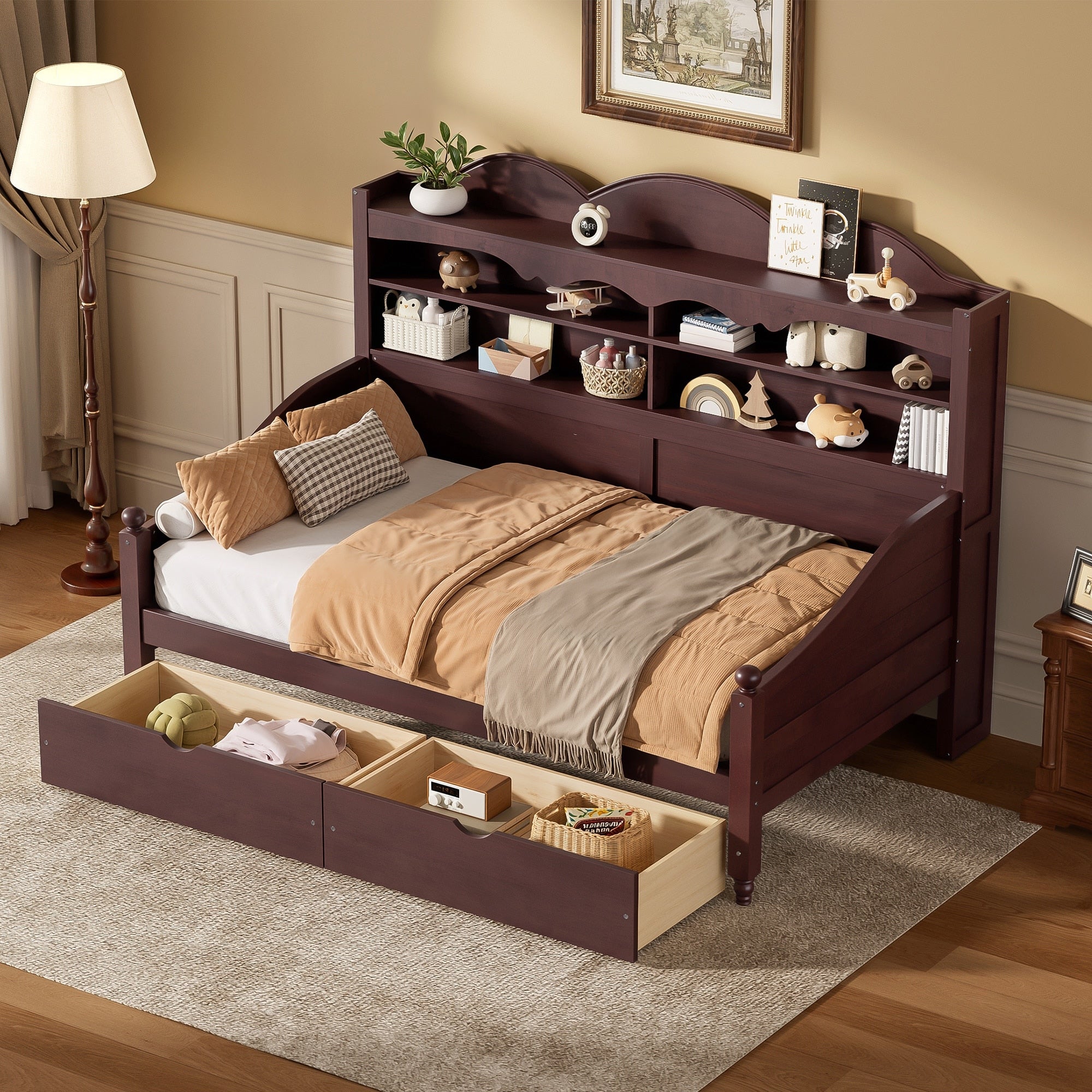 Twin Daybed With Storage Drawers Wooden Twin Day Bed With Storage Headboard Shelving Retro Style Daybed