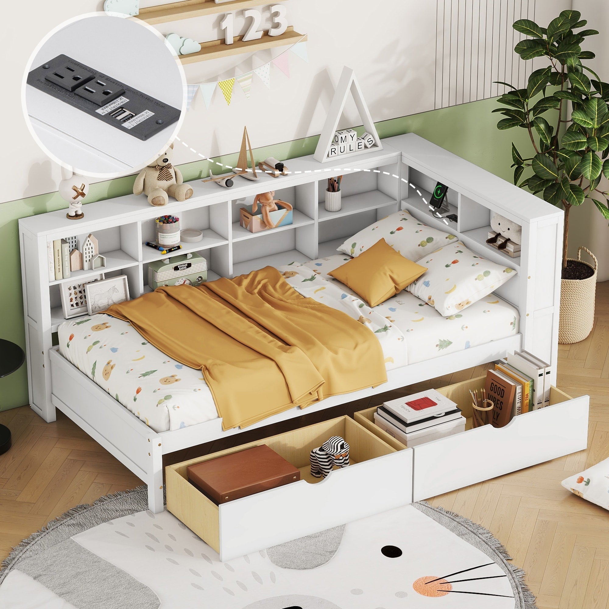 Twin Daybed With 2 Drawers Usb Charging Storage Shelf