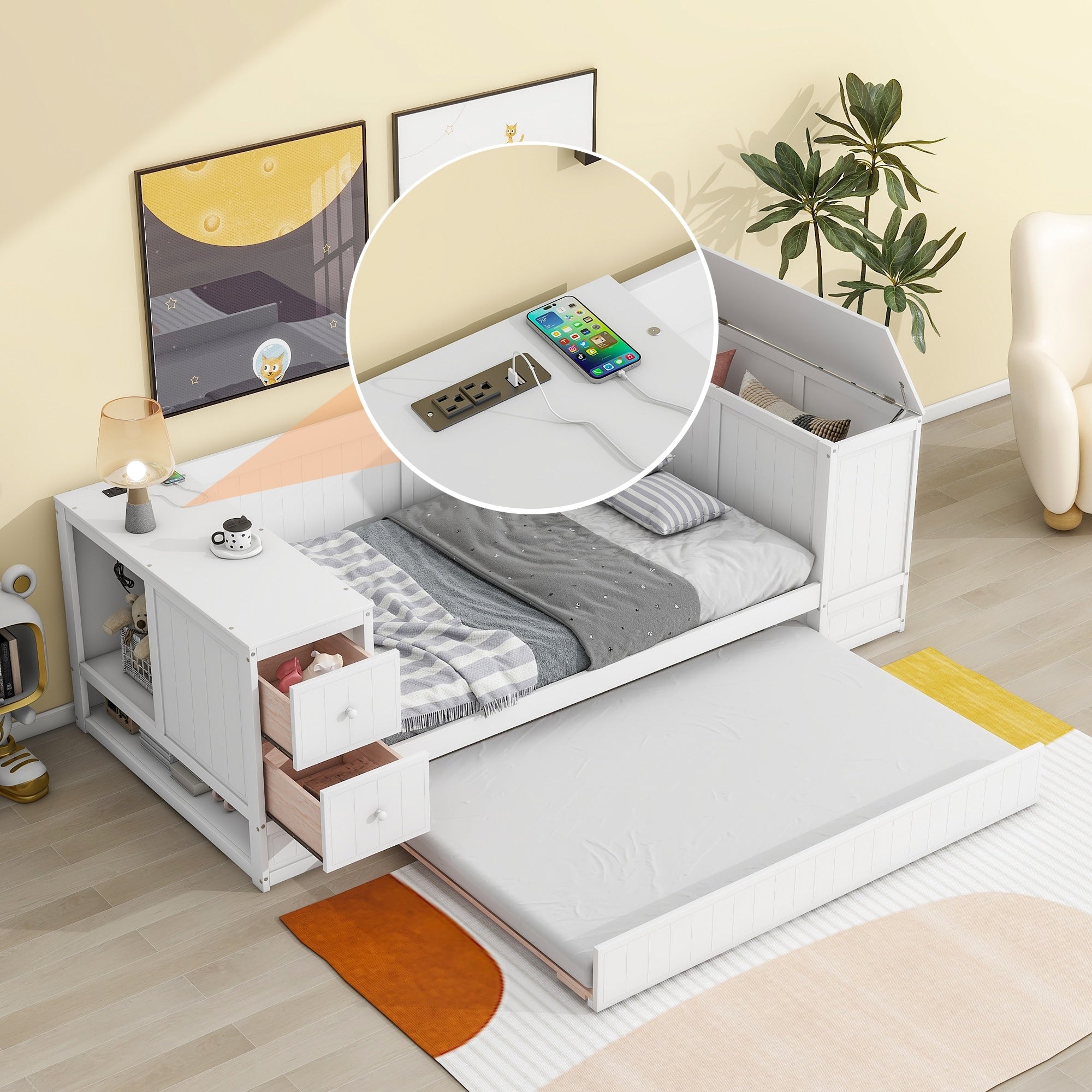 Twin Daybed With Storage Arms Trundle Usb Charging Station
