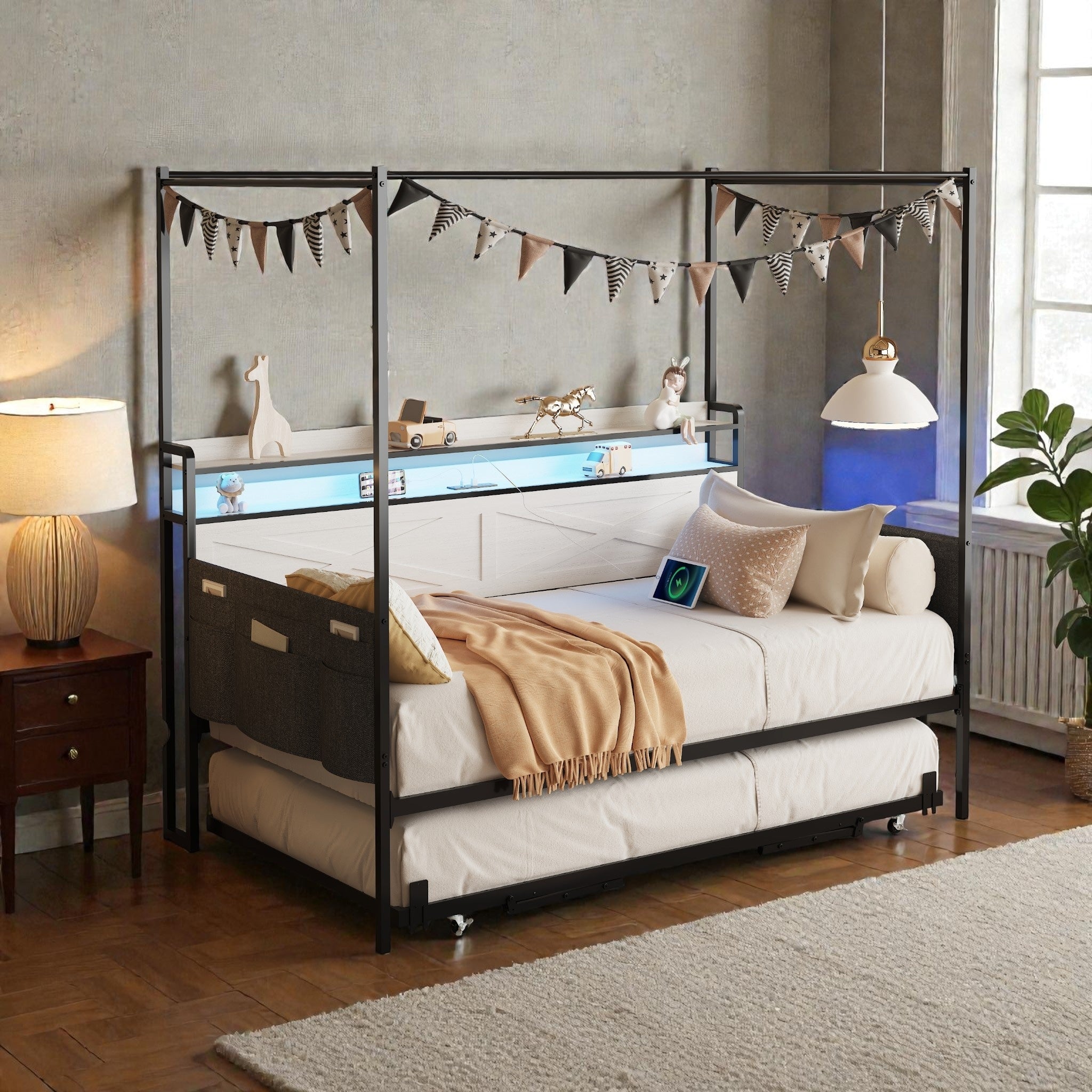 Twin Daybed With Trundle Metal Daybed Frame With Led Lights And Charging Station Guardrail Design